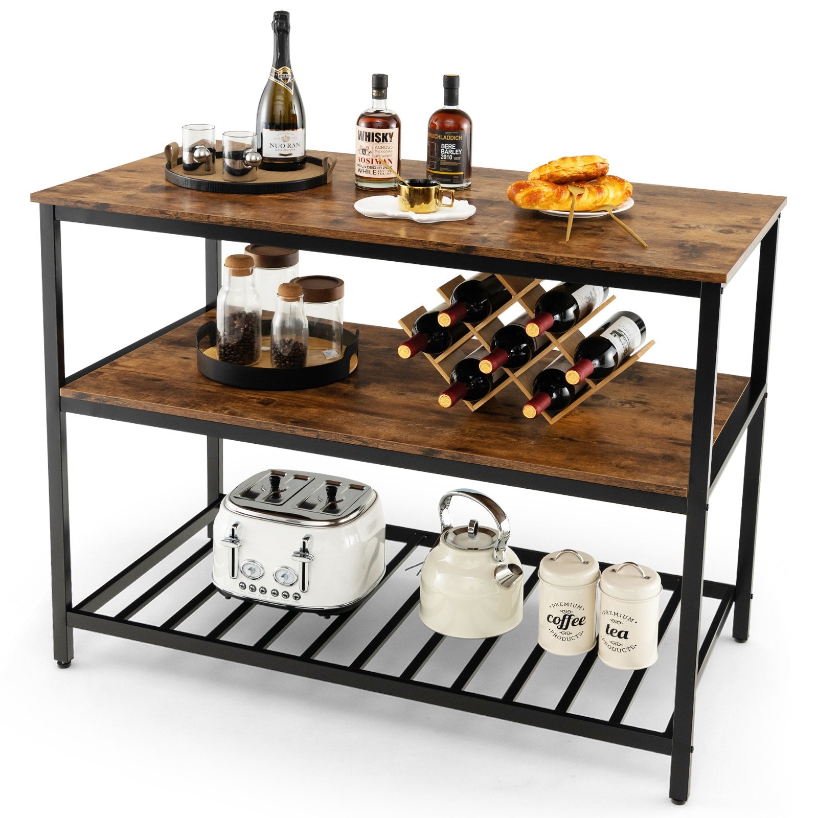 3 Shelves Kitchen Island Industrial Prep Table with Bottom Wine Rack, Rustic Brown Baker's Racks   at Gallery Canada