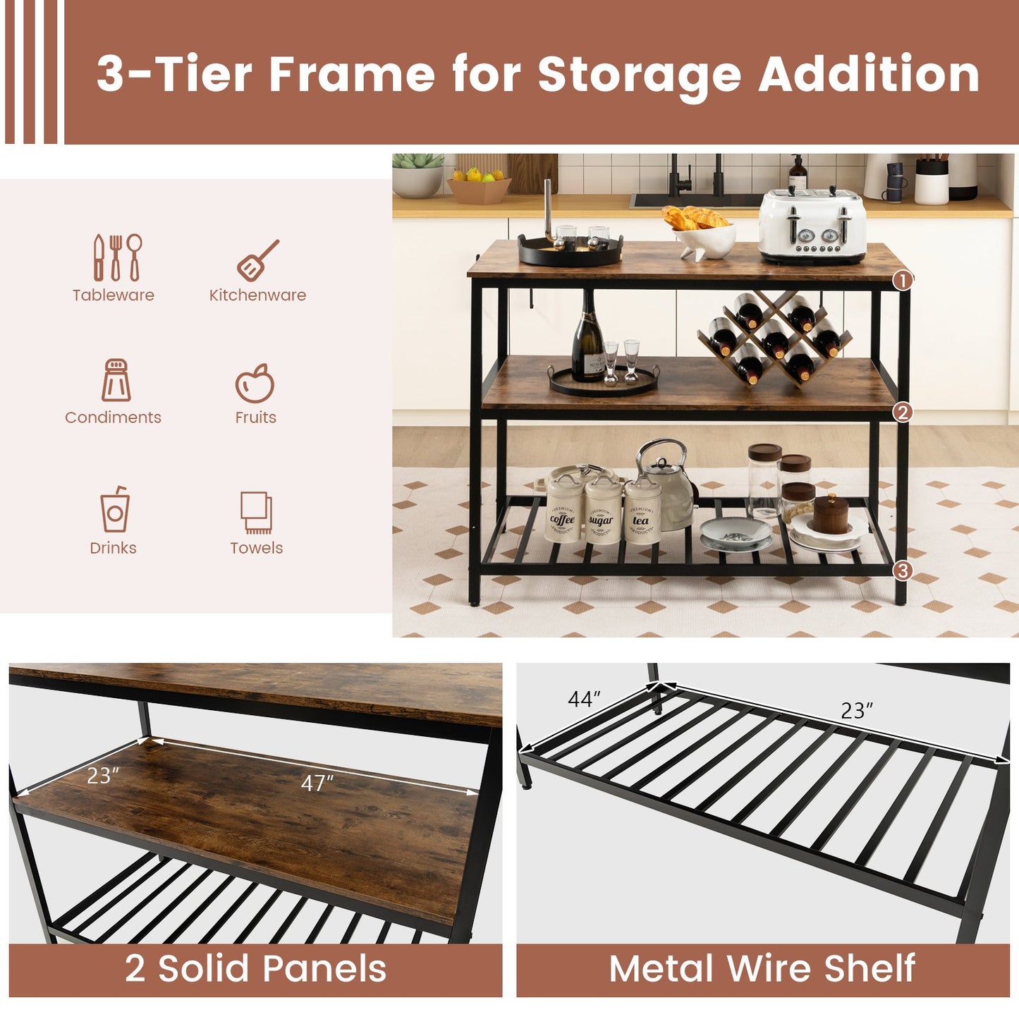 3 Shelves Kitchen Island Industrial Prep Table with Bottom Wine Rack, Rustic Brown Baker's Racks   at Gallery Canada