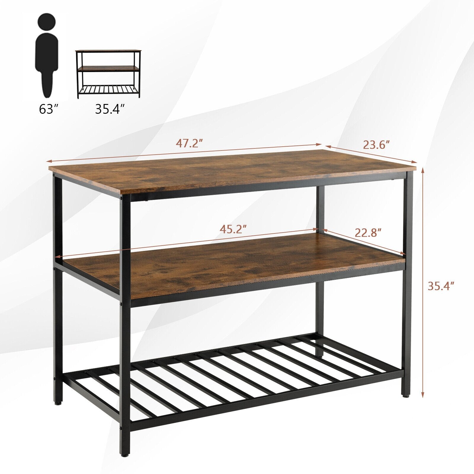 3 Shelves Kitchen Island Industrial Prep Table with Bottom Wine Rack, Rustic Brown Baker's Racks   at Gallery Canada