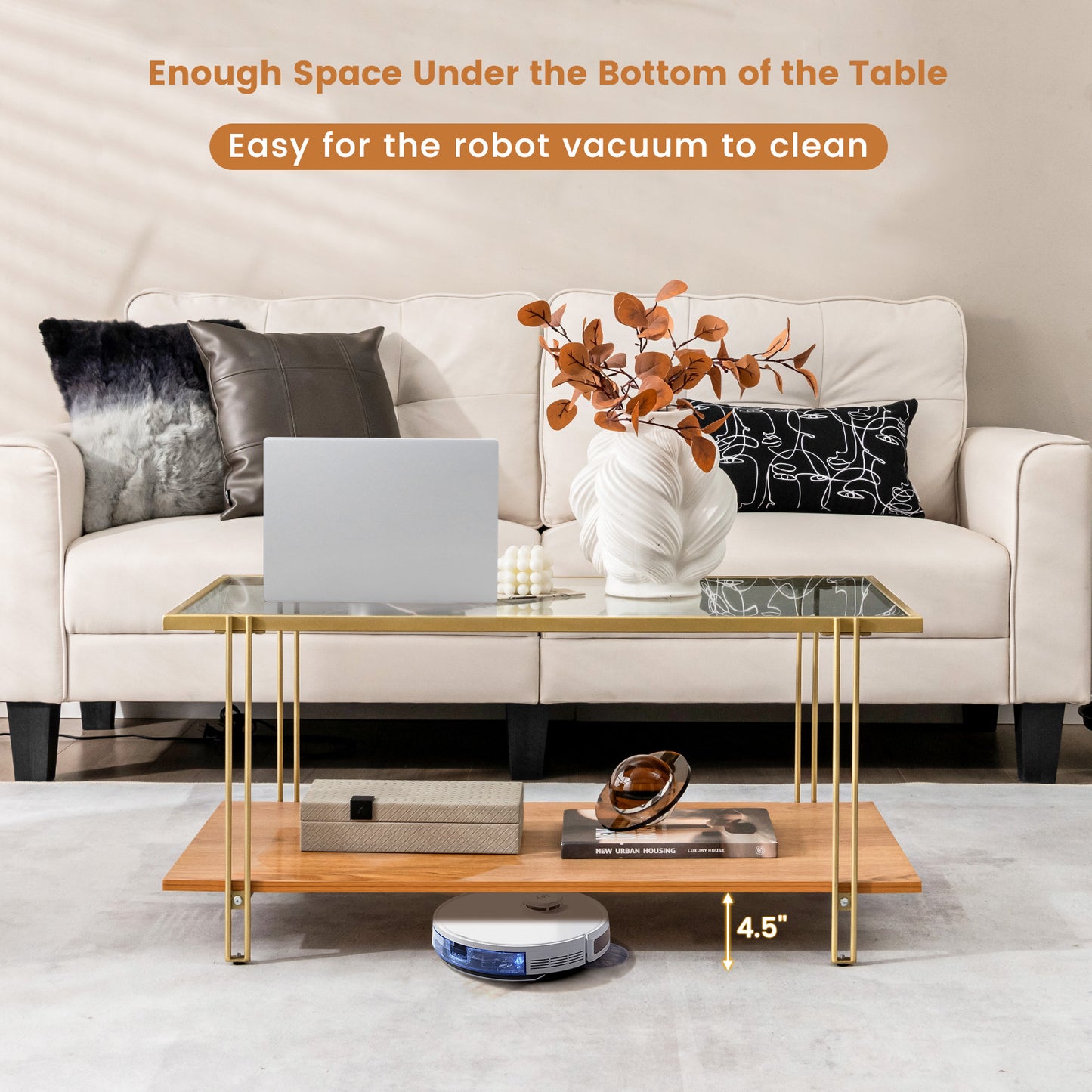 2 Tiers Rectangle Glass Coffee Table with White and Gold Steel Frame, Golden - Gallery Canada