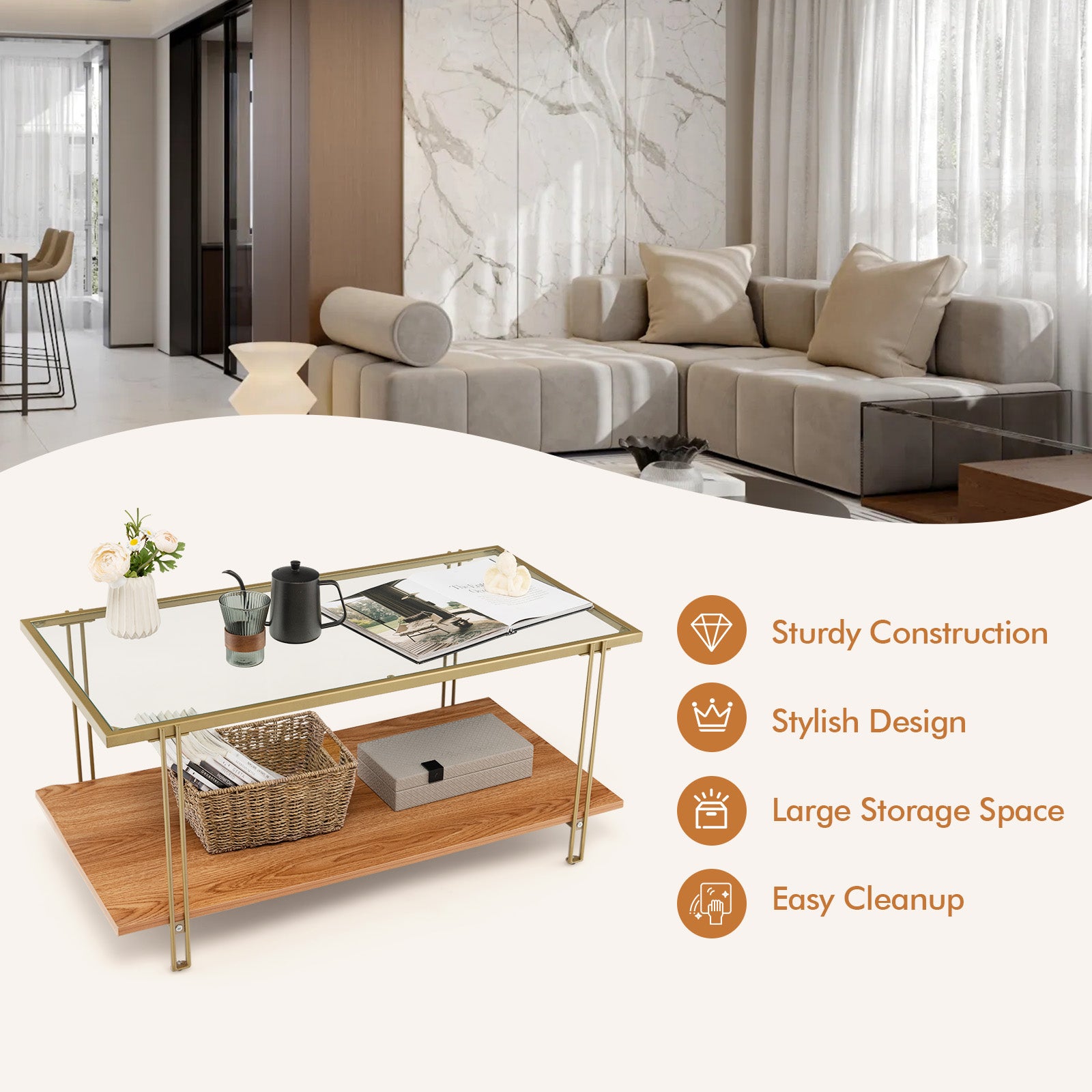 2 Tiers Rectangle Glass Coffee Table with White and Gold Steel Frame, Golden - Gallery Canada