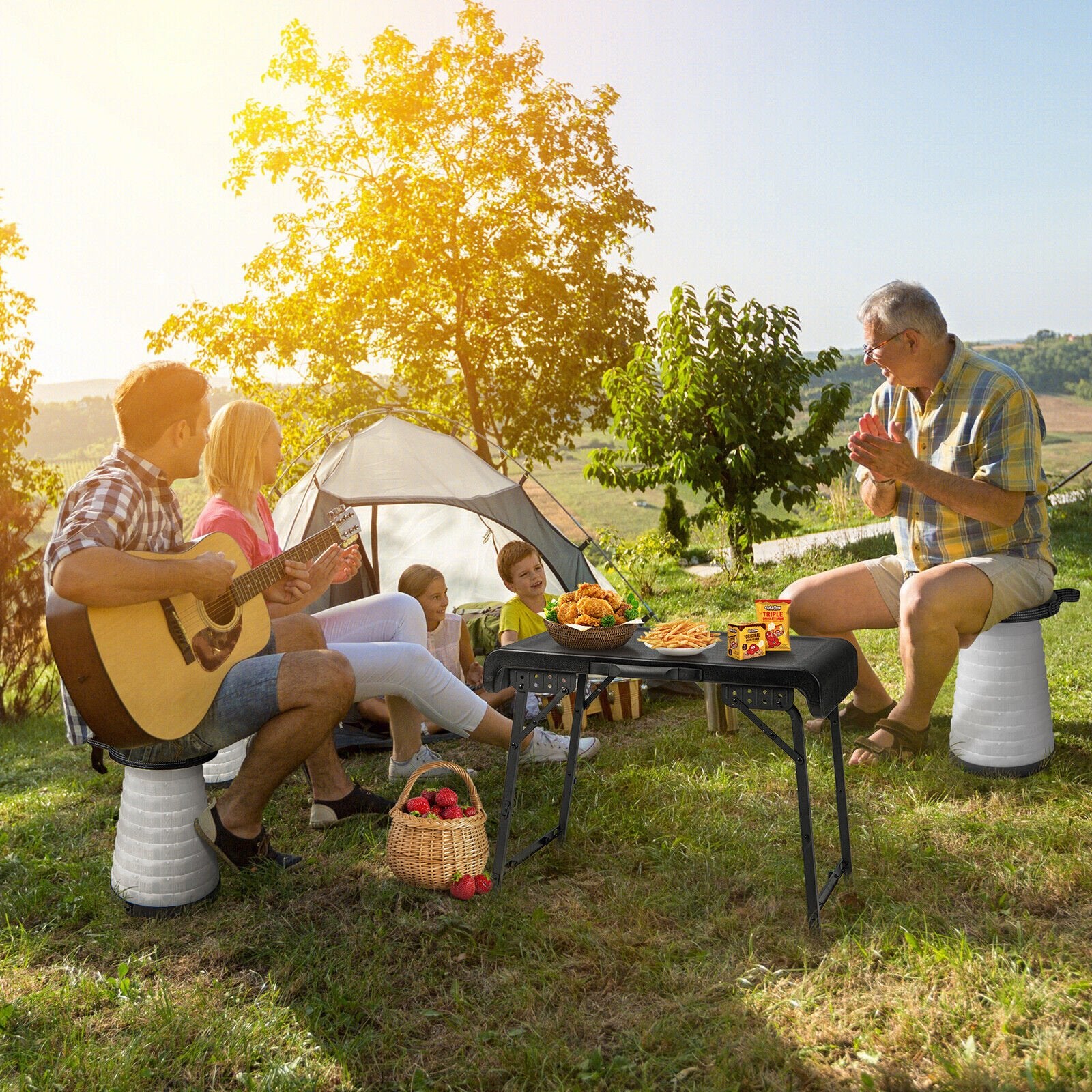 3 Pieces Folding Camping Table Stool Set with 2 Retractable LED Stools, Black Camping Furniture   at Gallery Canada