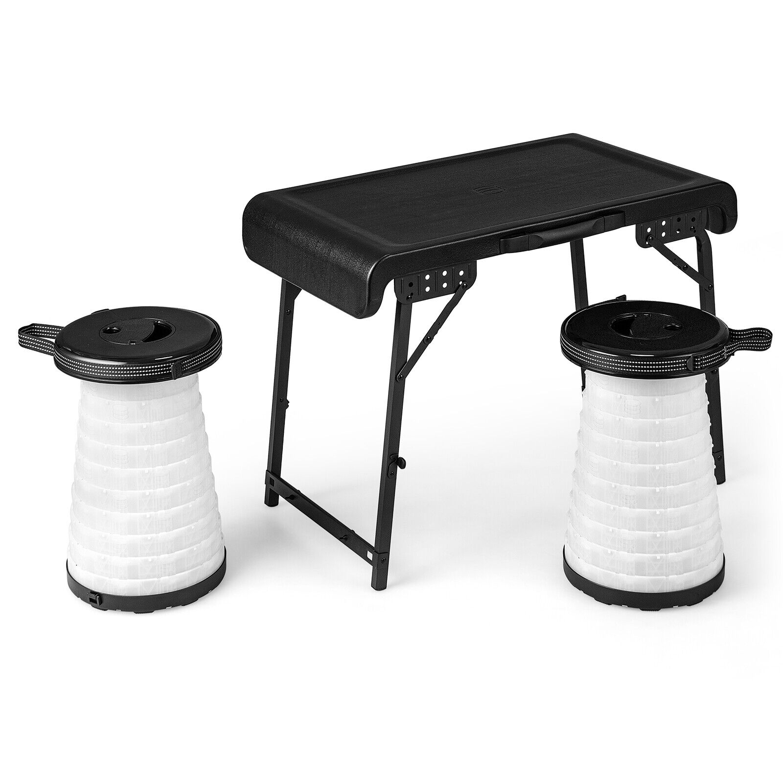 3 Pieces Folding Camping Table Stool Set with 2 Retractable LED Stools, Black Camping Furniture   at Gallery Canada