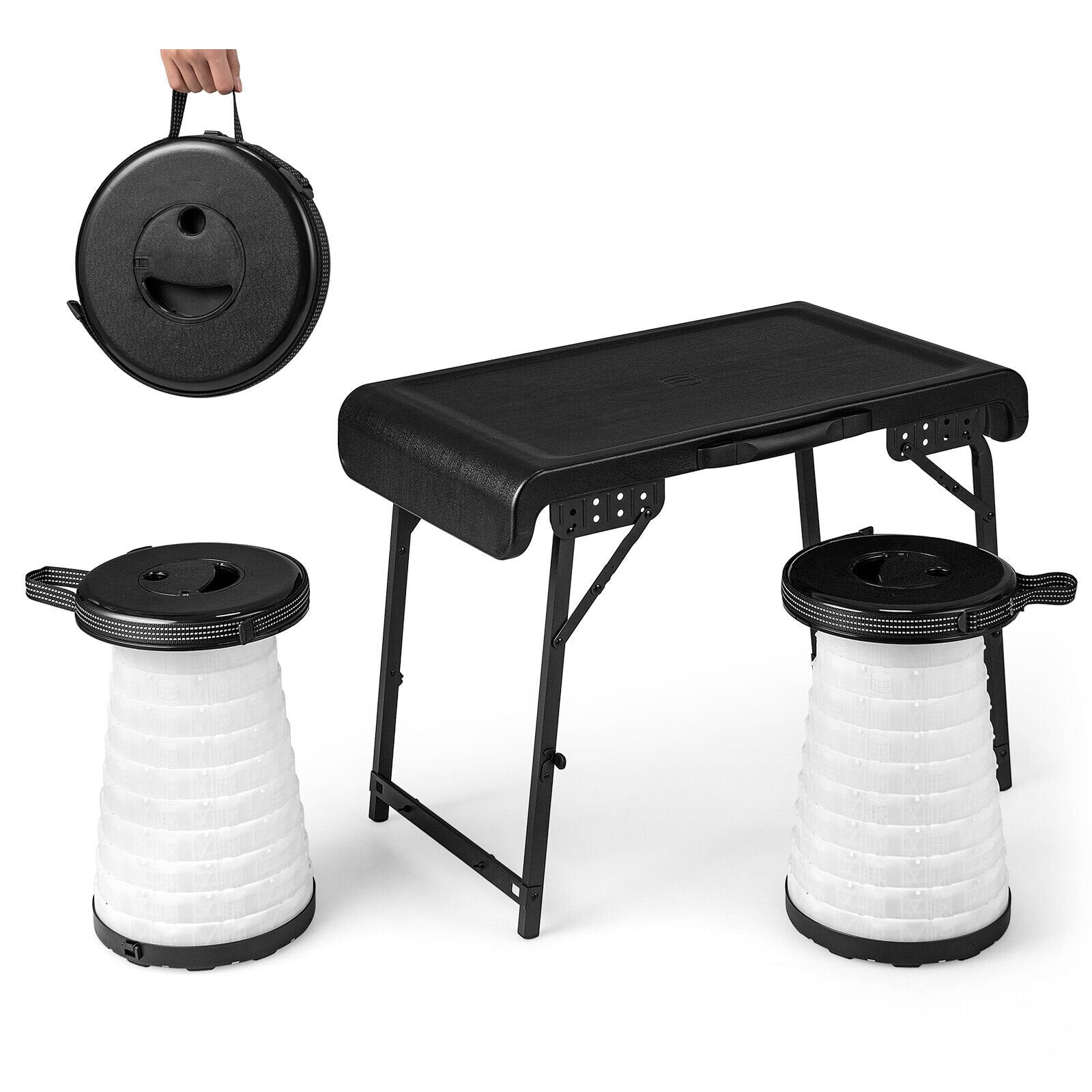 3 Pieces Folding Camping Table Stool Set with 2 Retractable LED Stools, Black Camping Furniture   at Gallery Canada