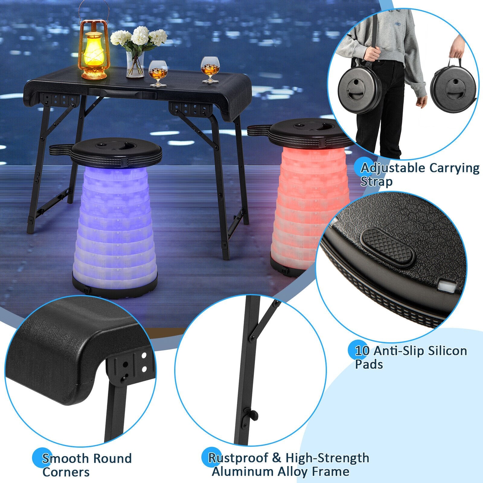 3 Pieces Folding Camping Table Stool Set with 2 Retractable LED Stools, Black Camping Furniture   at Gallery Canada