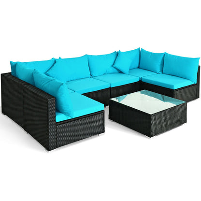 7-Piece Outdoor Sectional Wicker Patio Sofa Set with Tempered Glass Top, Blue Outdoor Sectionals   at Gallery Canada