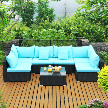 7-Piece Outdoor Sectional Wicker Patio Sofa Set with Tempered Glass Top, Blue Outdoor Sectionals   at Gallery Canada