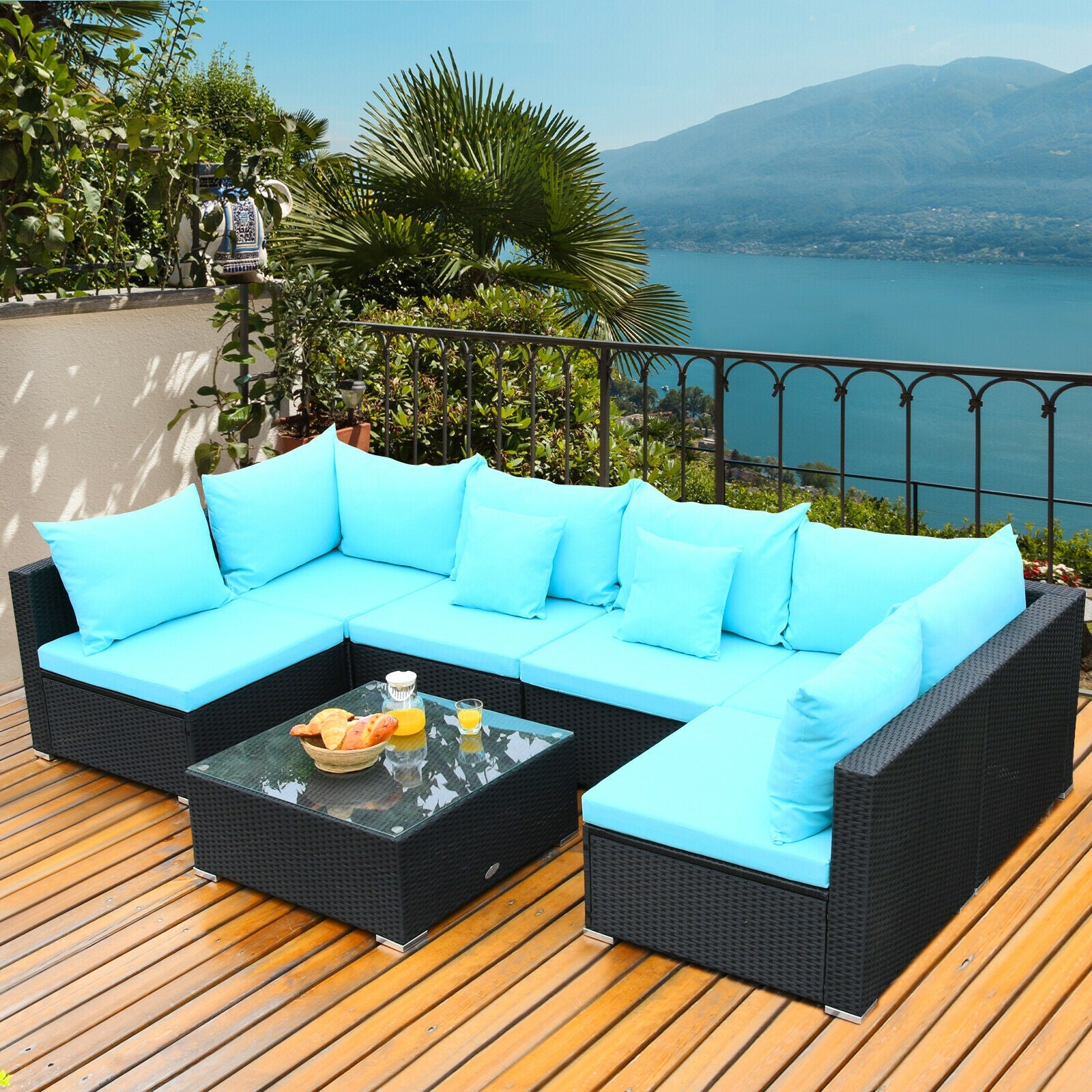 7-Piece Outdoor Sectional Wicker Patio Sofa Set with Tempered Glass Top, Blue Outdoor Sectionals   at Gallery Canada