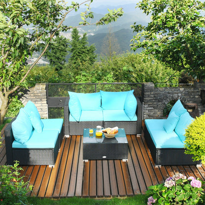 7-Piece Outdoor Sectional Wicker Patio Sofa Set with Tempered Glass Top, Blue Outdoor Sectionals   at Gallery Canada