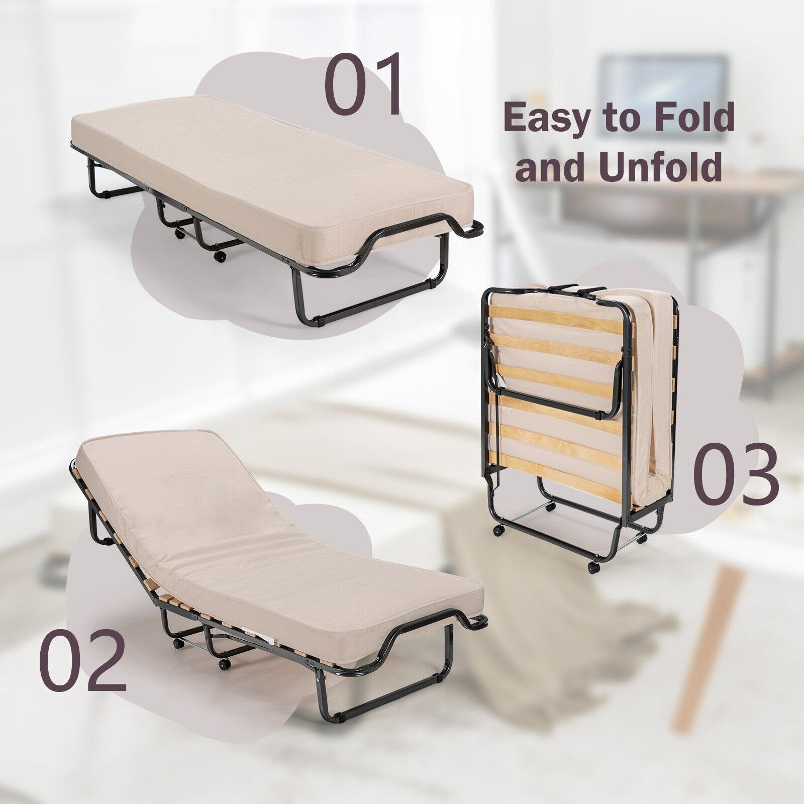 Rollaway Folding Bed with Memory Foam Mattress and Dust-Proof Bag Made in Italy, White Folding Beds   at Gallery Canada