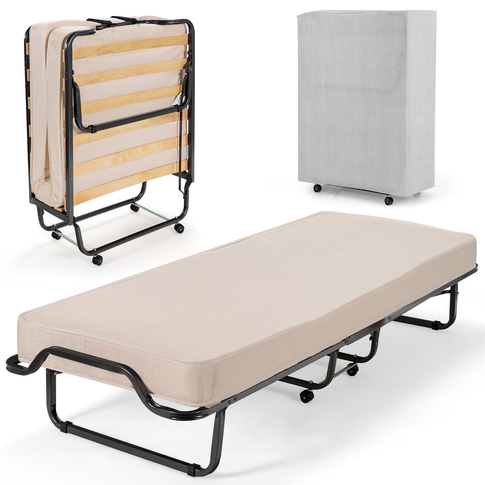 Rollaway Folding Bed with Memory Foam Mattress and Dust-Proof Bag Made in Italy, White Folding Beds   at Gallery Canada