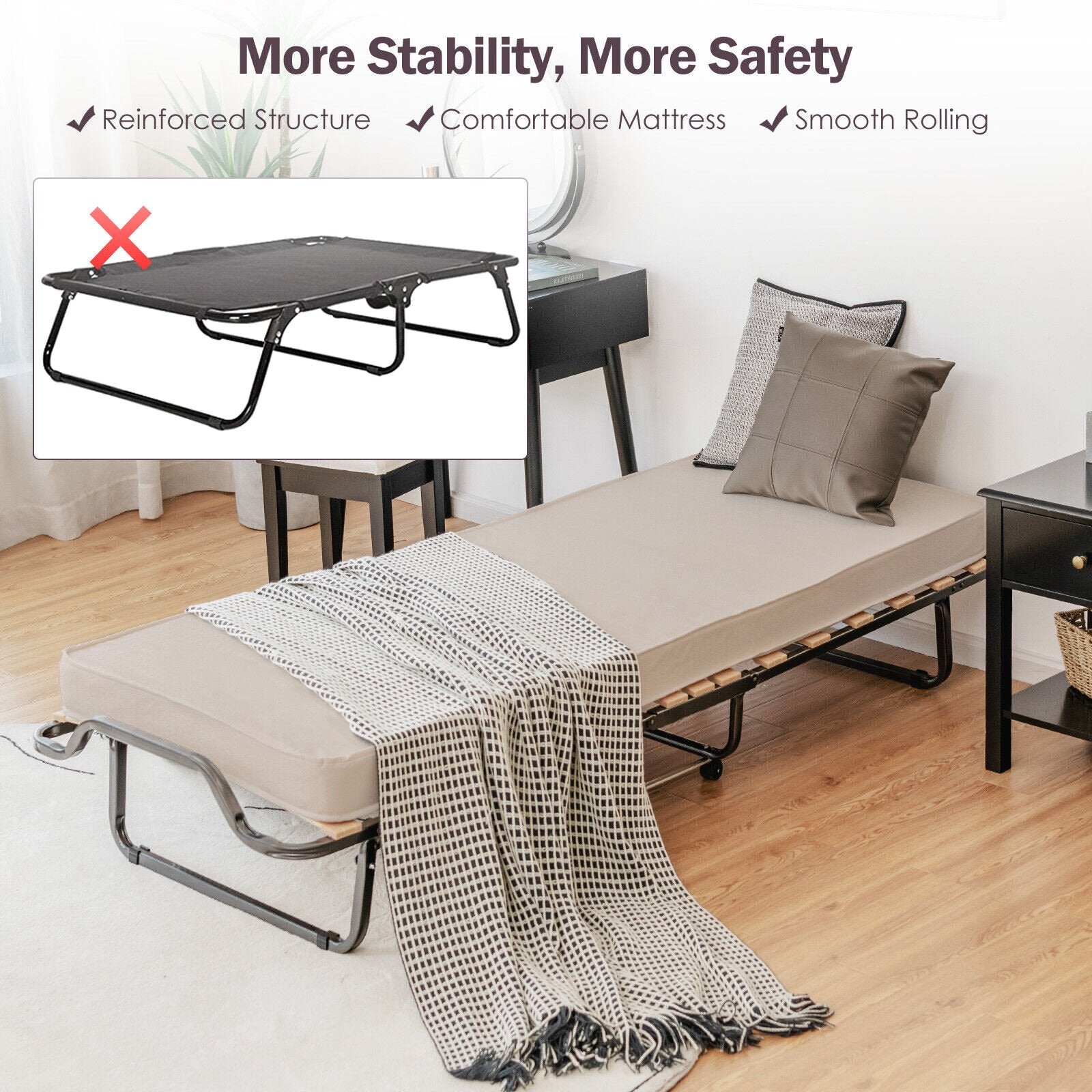 Rollaway Folding Bed with Memory Foam Mattress and Dust-Proof Bag Made in Italy, White Folding Beds   at Gallery Canada