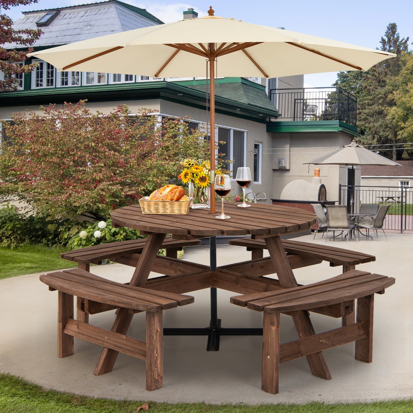 Patio 8 Seat Wood Picnic Dining Seat Bench Set, Brown Picnic Tables   at Gallery Canada