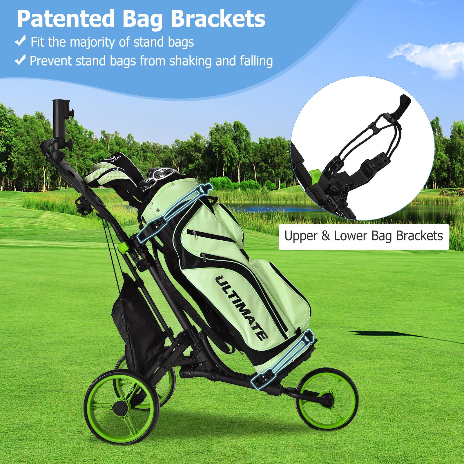 Folding 3 Wheels Golf Push Cart with Bag Scoreboard Adjustable Handle, Green Golf   at Gallery Canada