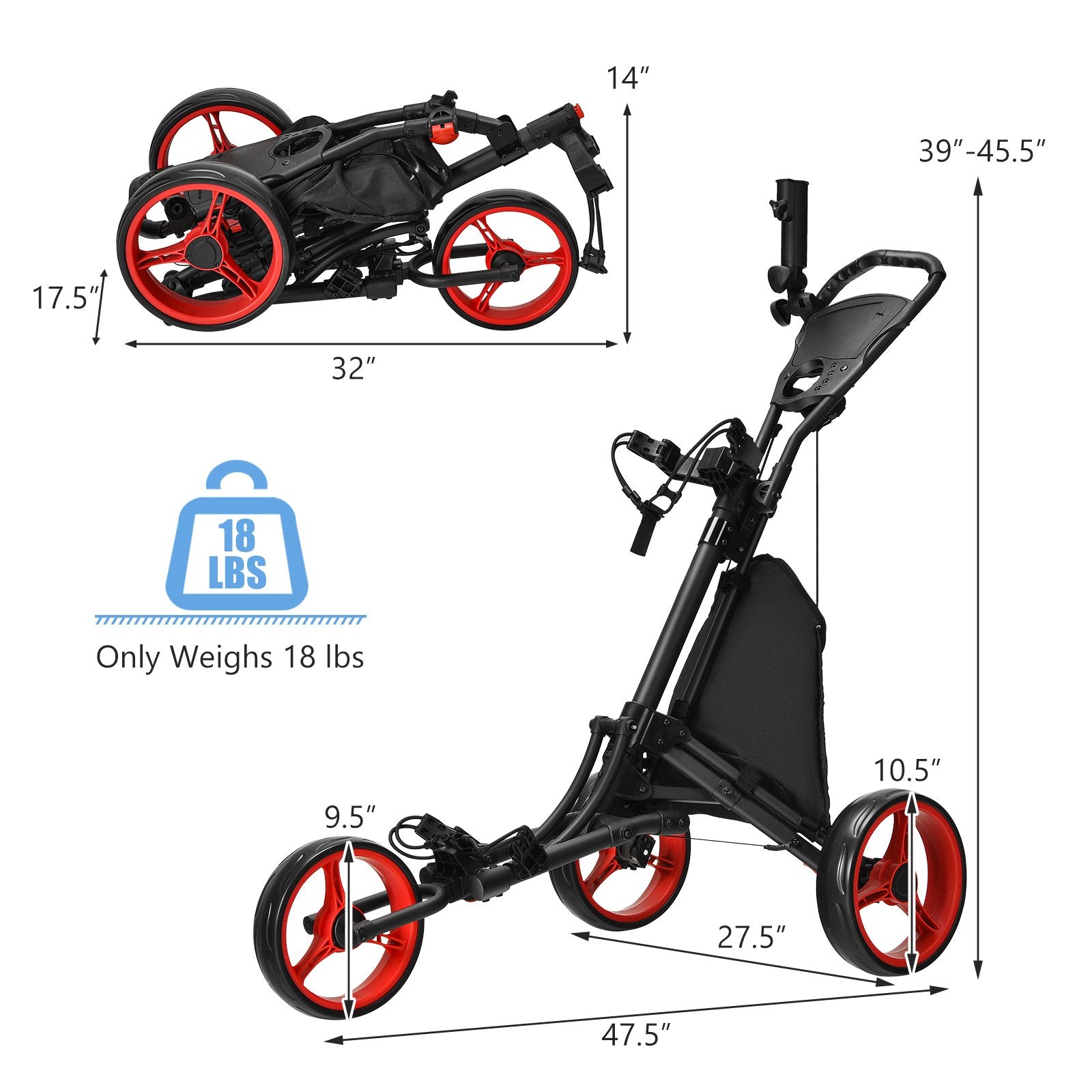 Folding 3 Wheels Golf Push Cart with Bag Scoreboard Adjustable Handle, Red Golf   at Gallery Canada