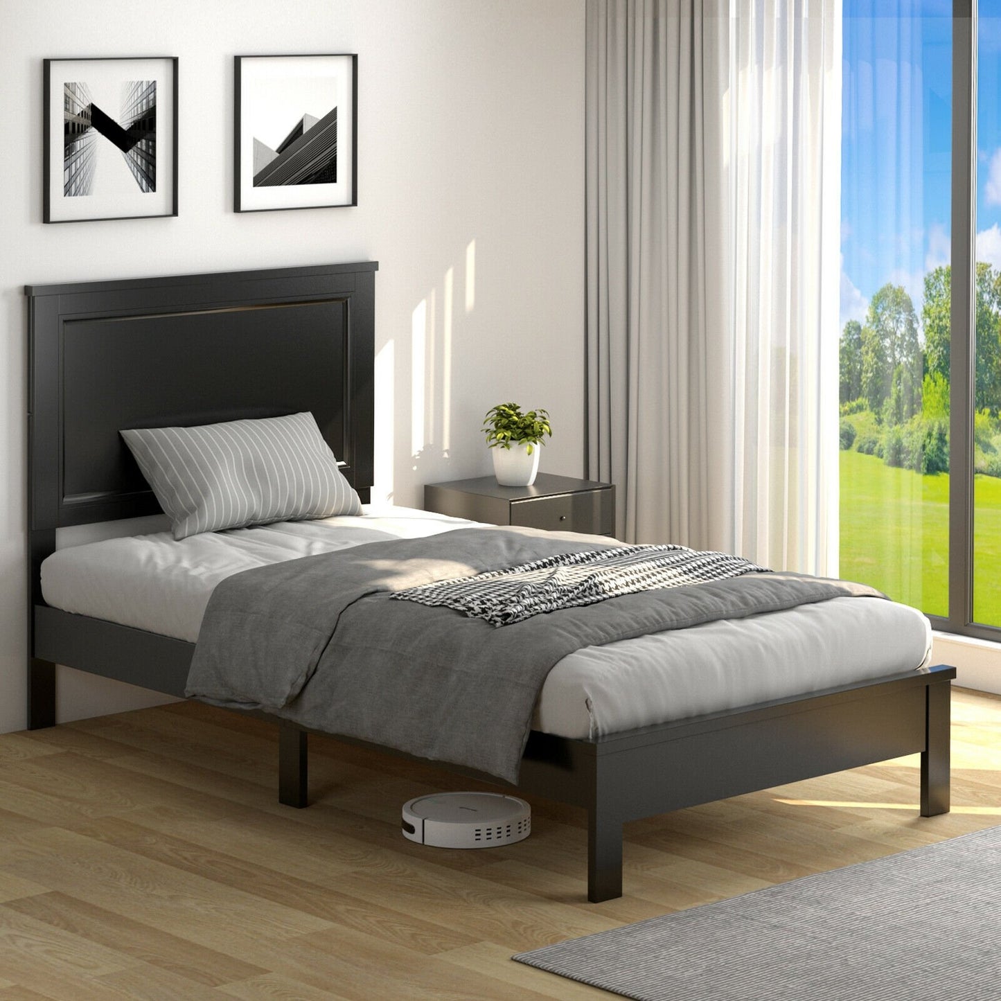 Twin Size Platform Bed Frame with Rubber Wood Leg, Black Simple Bed Frame   at Gallery Canada