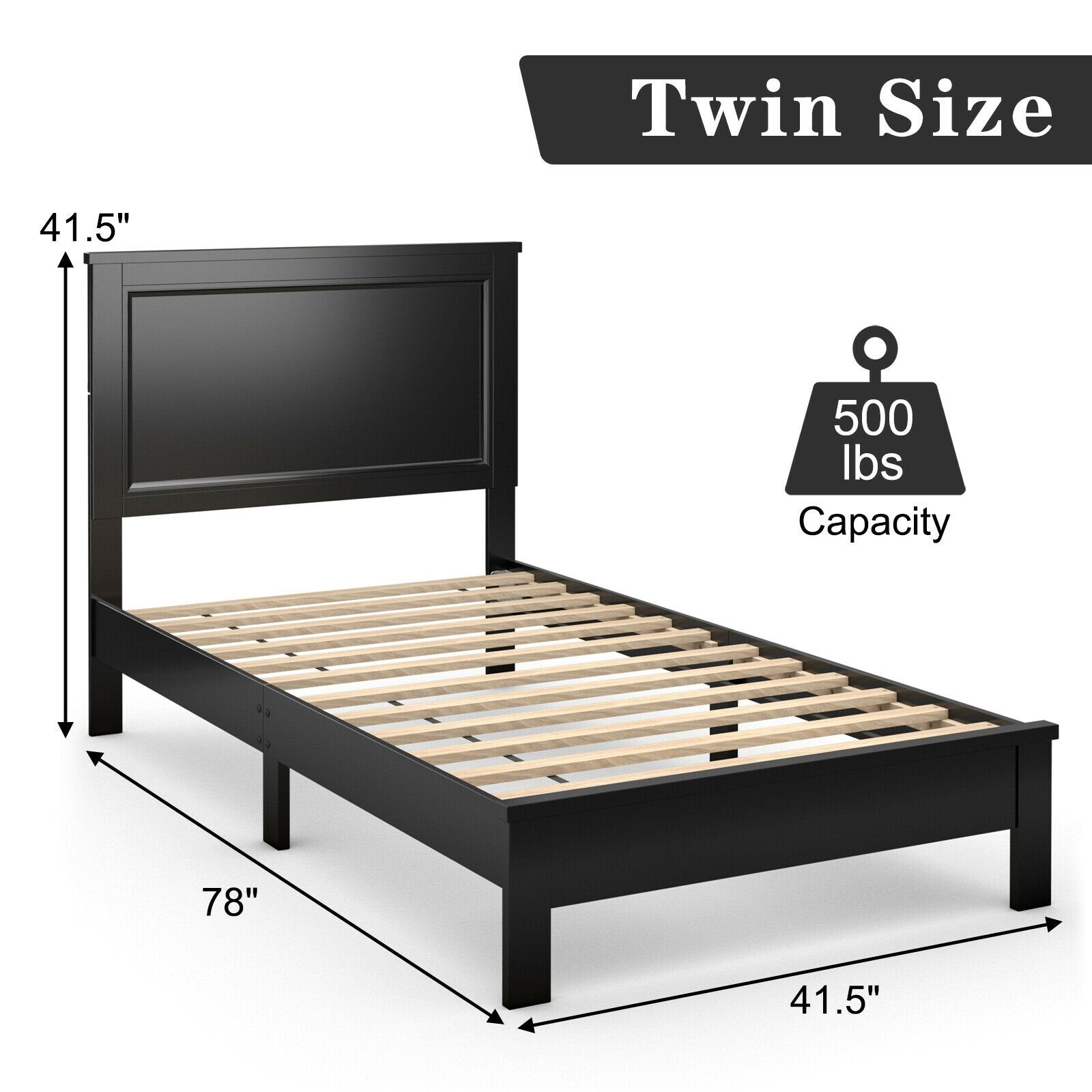 Twin Size Platform Bed Frame with Rubber Wood Leg, Black Simple Bed Frame   at Gallery Canada