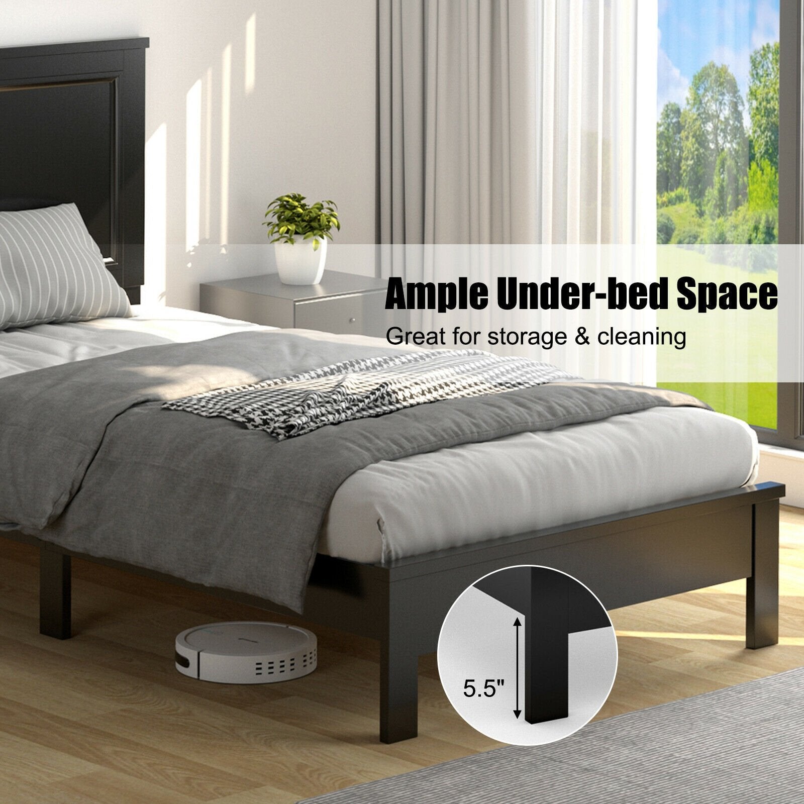 Twin Size Platform Bed Frame with Rubber Wood Leg, Black Simple Bed Frame   at Gallery Canada