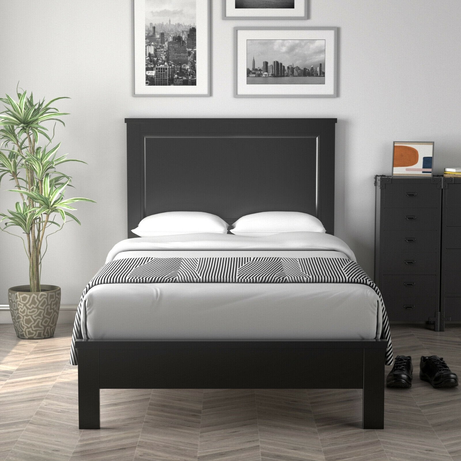 Twin Size Platform Bed Frame with Rubber Wood Leg, Black Simple Bed Frame   at Gallery Canada