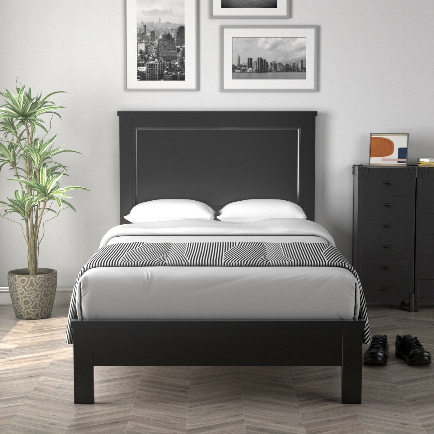 Twin Size Platform Bed Frame with Rubber Wood Leg, Black Simple Bed Frame   at Gallery Canada