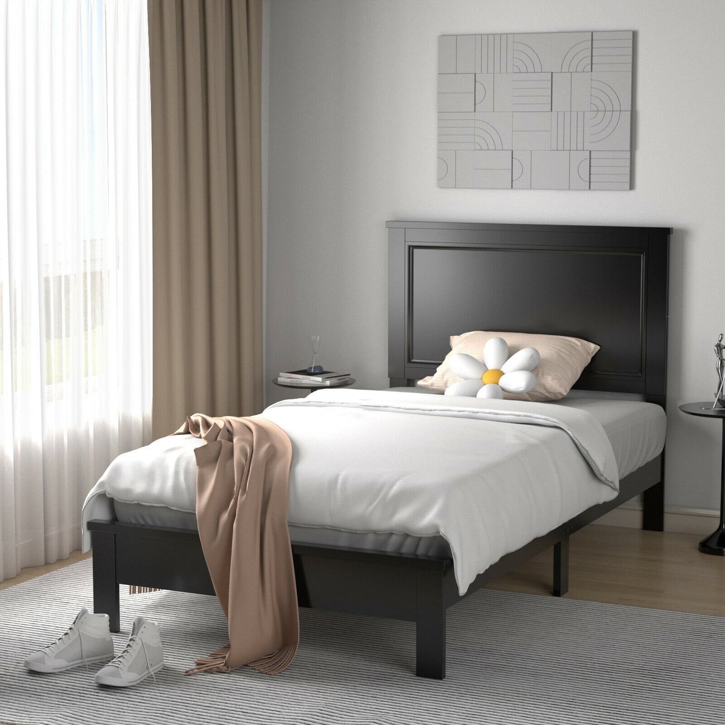 Twin Size Platform Bed Frame with Rubber Wood Leg, Black Simple Bed Frame   at Gallery Canada