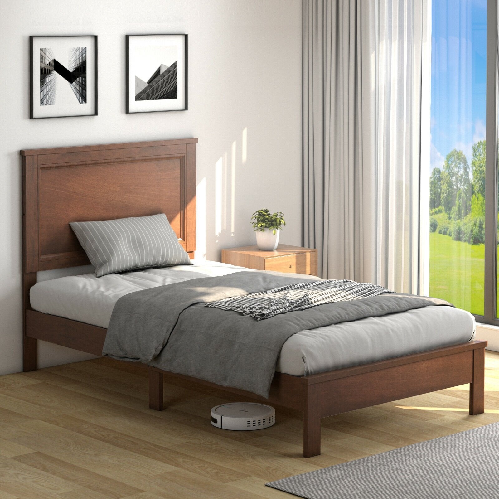 Twin Size Platform Bed Frame with Rubber Wood Leg, Walnut Simple Bed Frame   at Gallery Canada