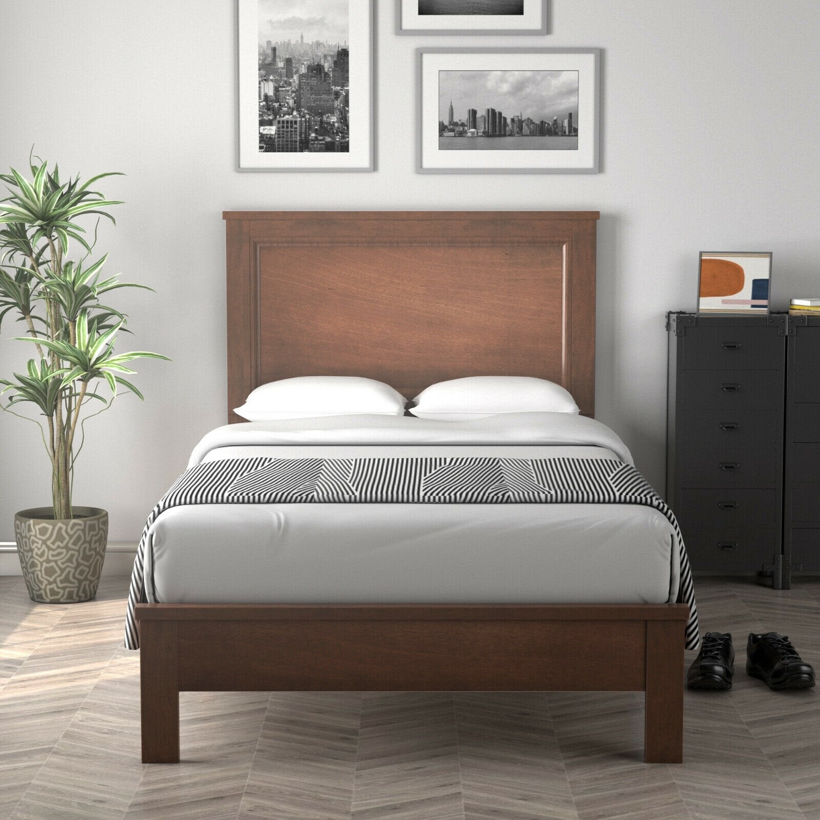 Twin Size Platform Bed Frame with Rubber Wood Leg, Walnut Simple Bed Frame   at Gallery Canada