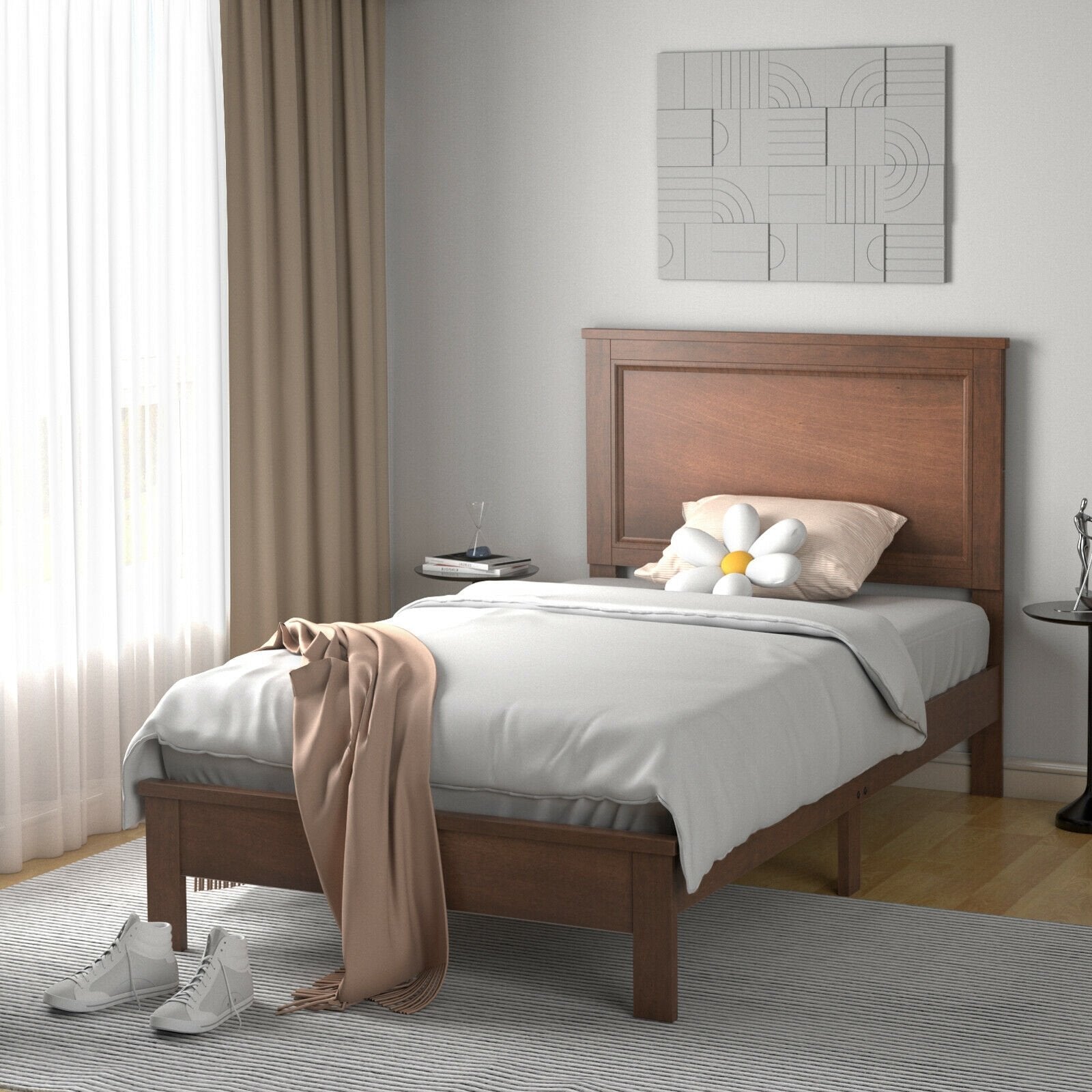 Twin Size Platform Bed Frame with Rubber Wood Leg, Walnut Simple Bed Frame   at Gallery Canada