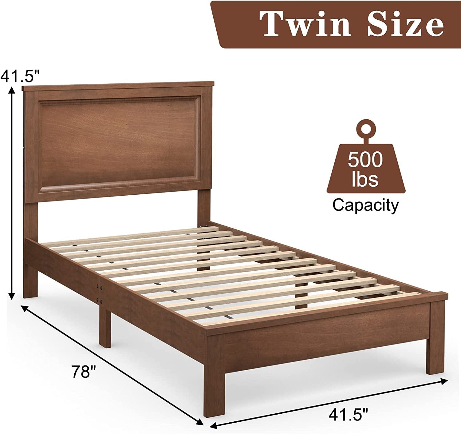 Twin Size Platform Bed Frame with Rubber Wood Leg, Walnut Simple Bed Frame   at Gallery Canada