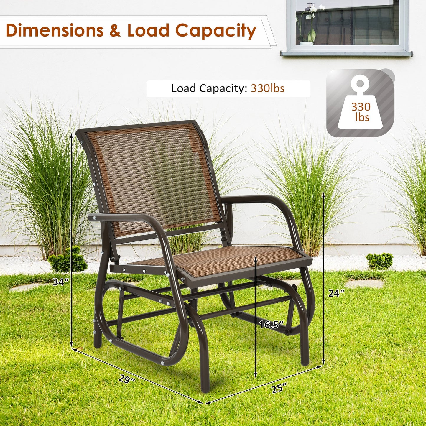 Outdoor Single Swing Glider Rocking Chair with Armrest, Brown Patio Rocking Chairs & Gliders   at Gallery Canada