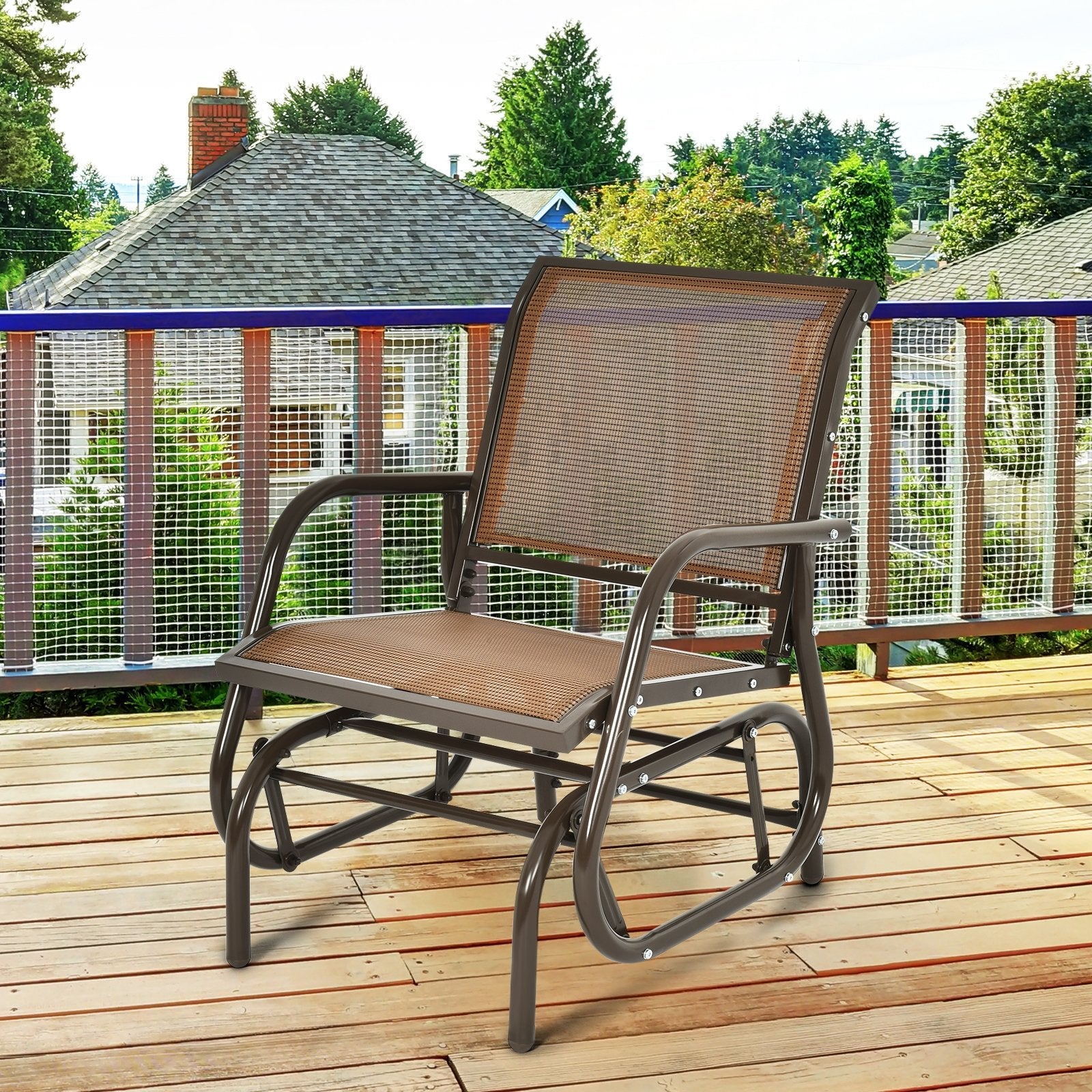 Outdoor Single Swing Glider Rocking Chair with Armrest, Brown - Gallery Canada