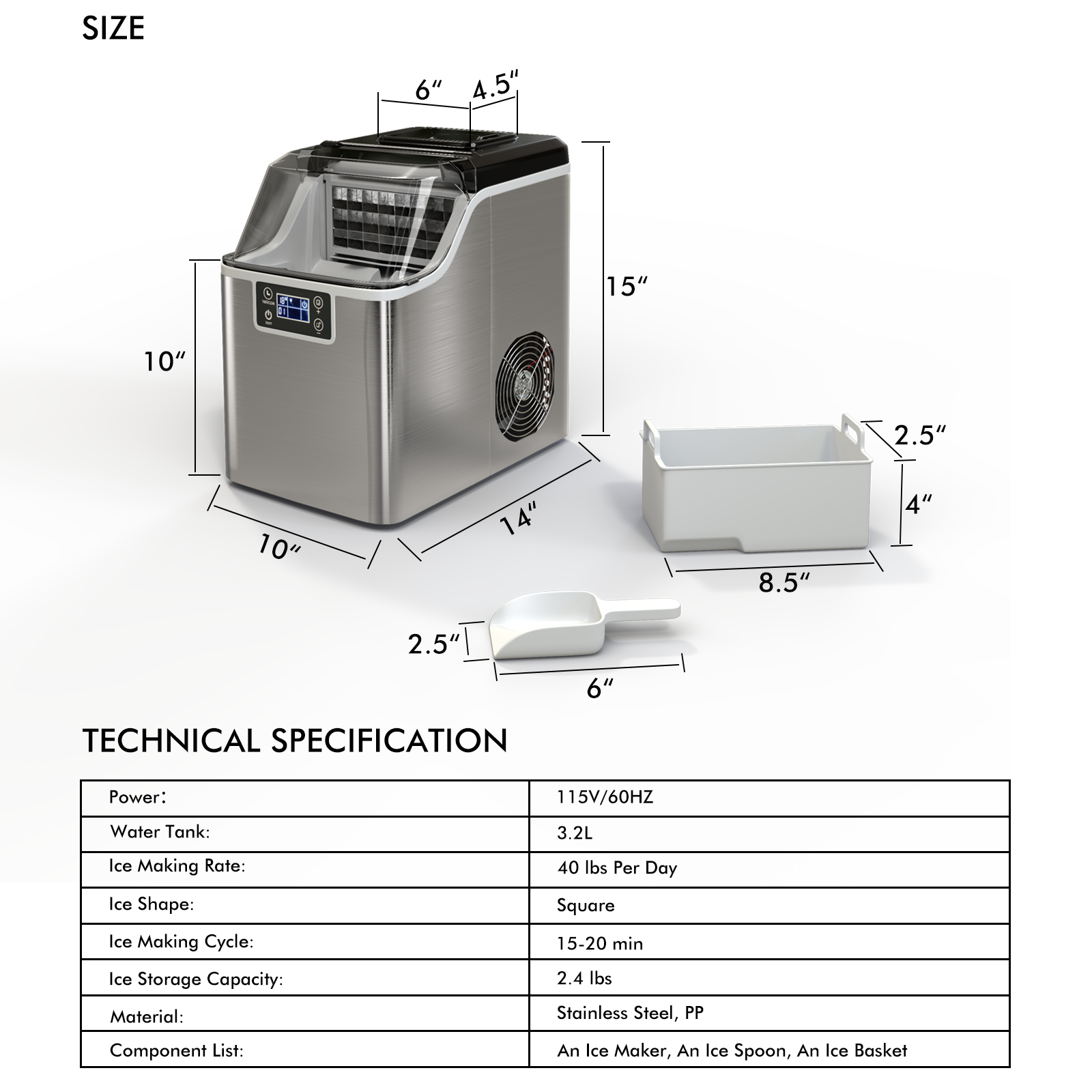 Electric Countertop Ice Maker with Ice Scoop and Basket-Sliver, Silver Ice Makers   at Gallery Canada