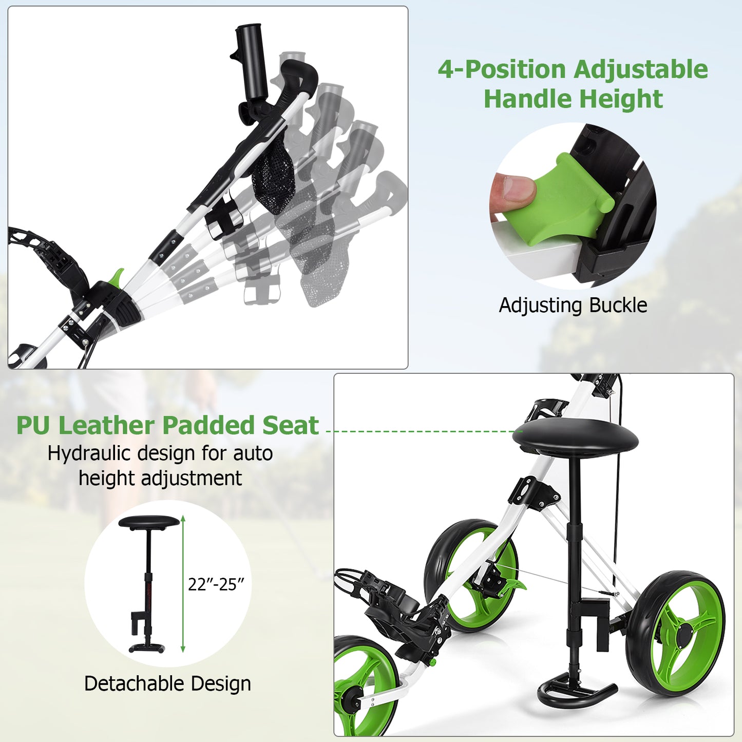 Foldable 3 Wheels Push Pull Golf Trolley with Scoreboard Bag, Green Golf   at Gallery Canada