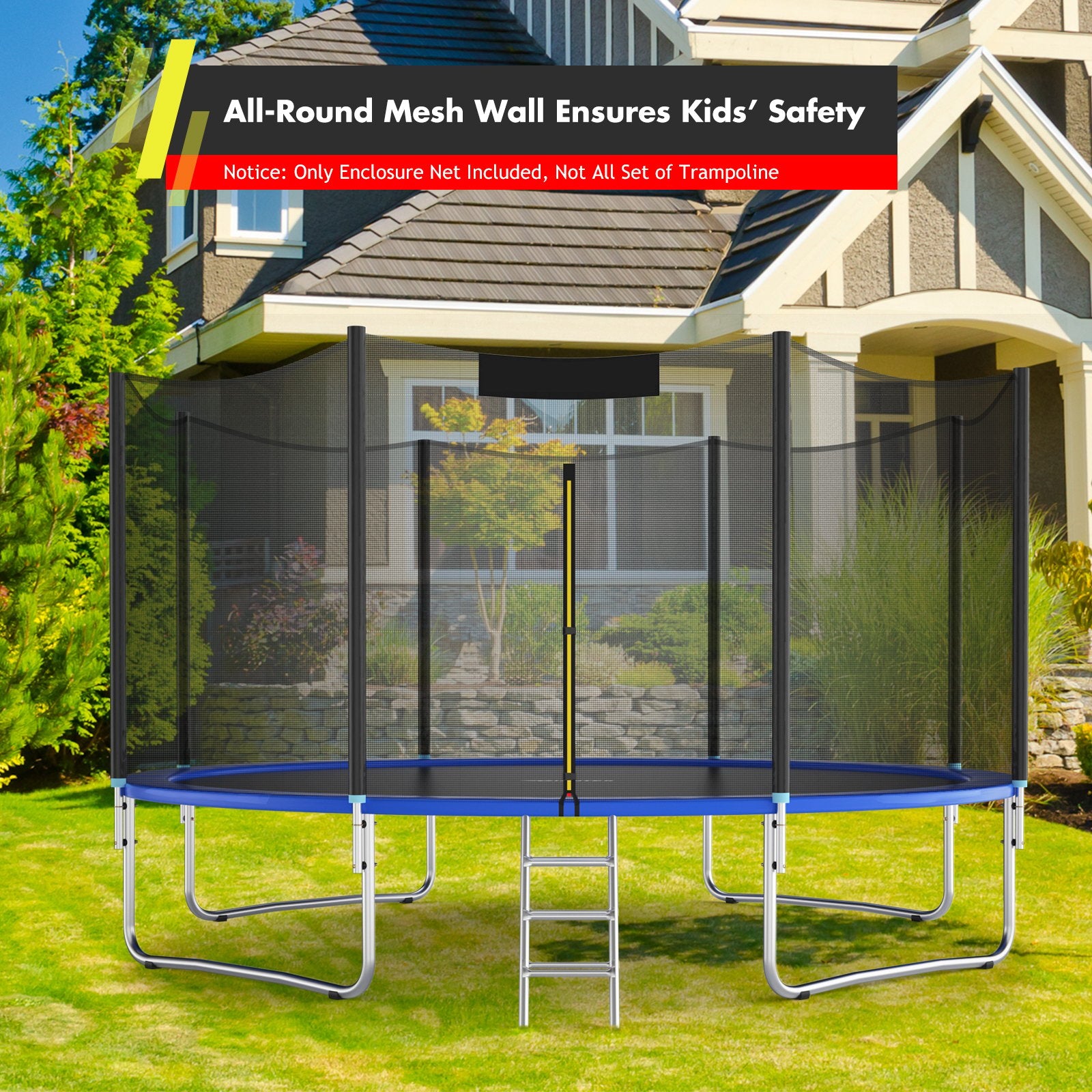 Trampoline Replacement Protection Enclosure Net with Zipper-12 ft, Black Trampoline Accessories   at Gallery Canada