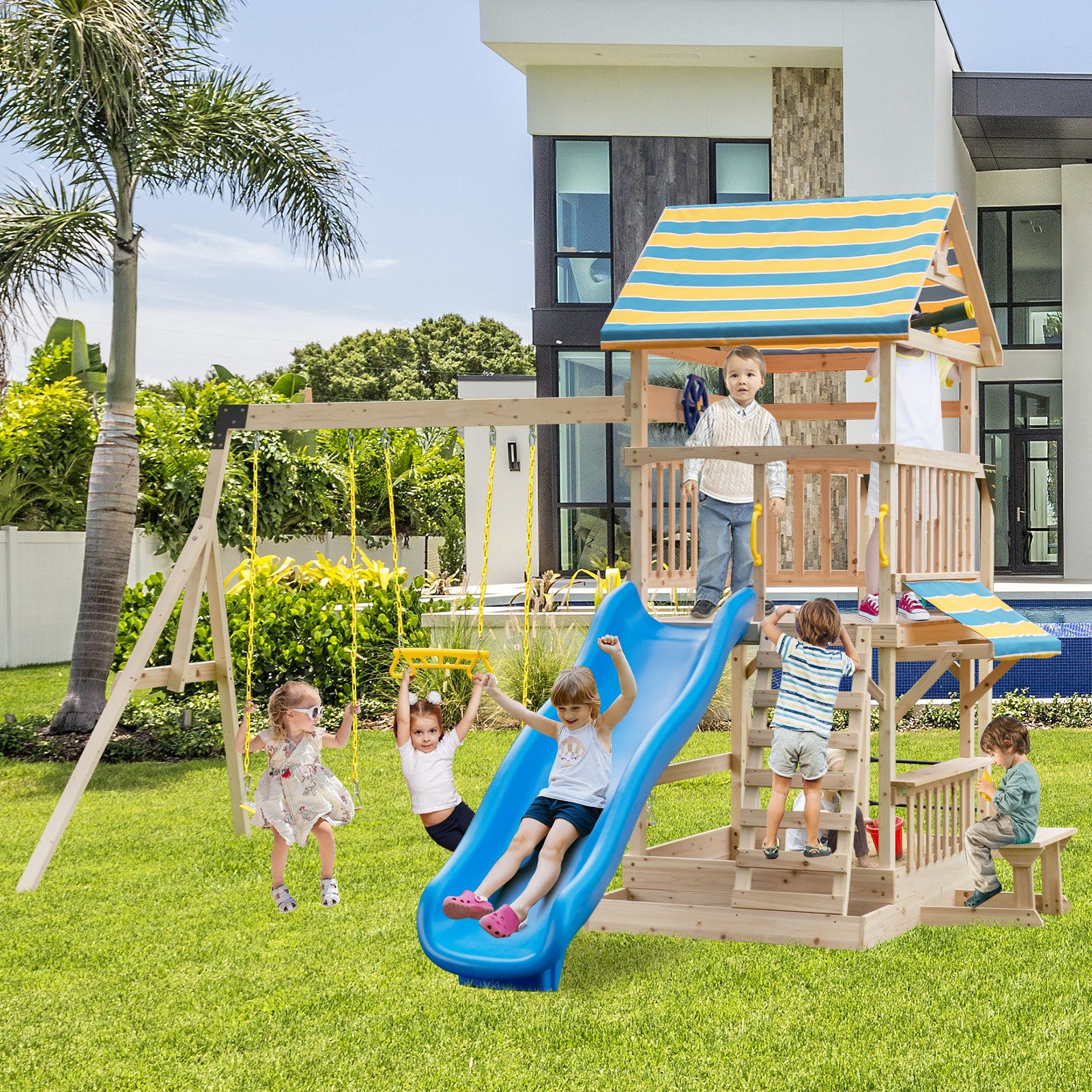 Wooden Swing Set with Large Upper Deck Slide and Steering Wheel, Multicolor Swing & Playsets at Gallery Canada