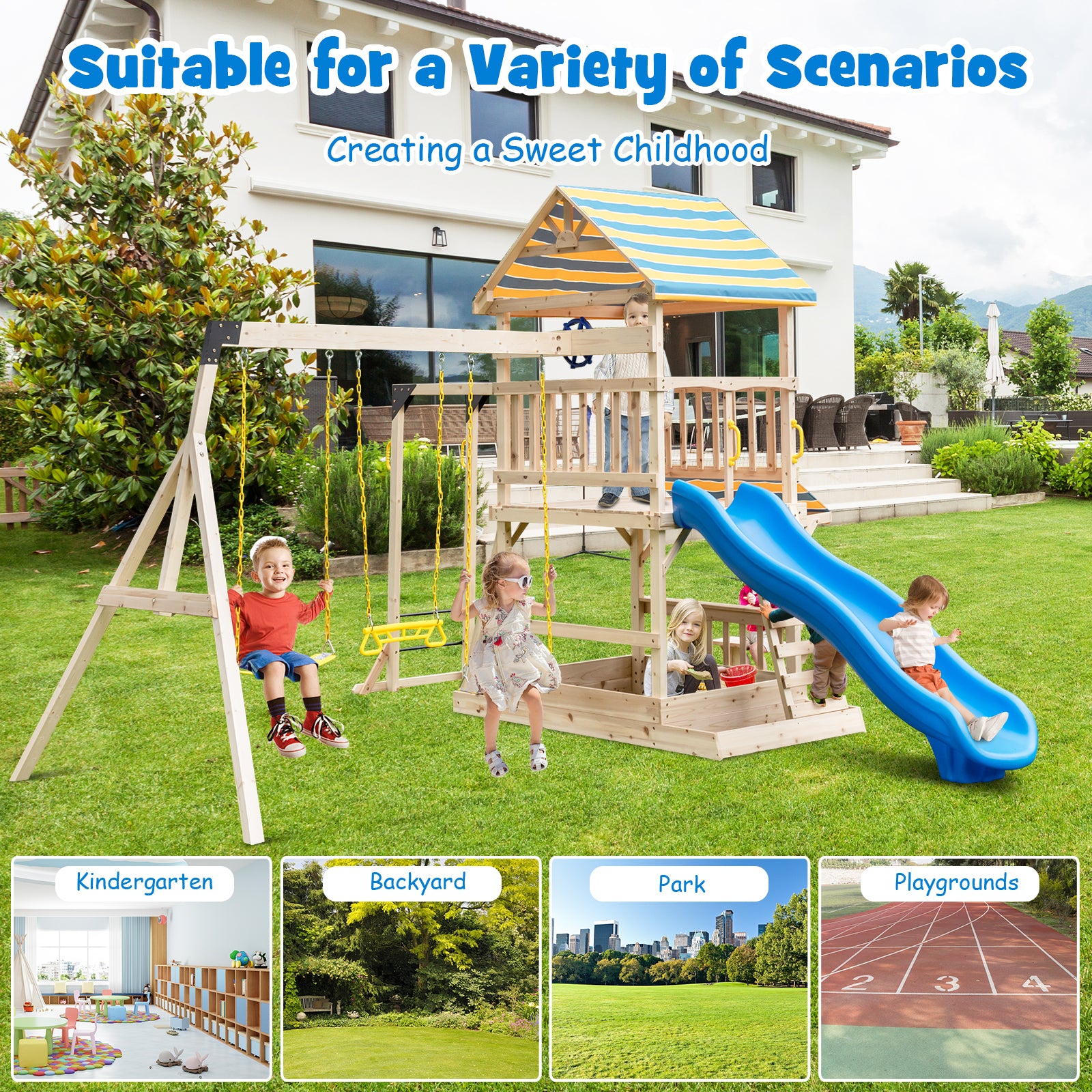 Wooden Swing Set with Large Upper Deck Slide and Steering Wheel, Multicolor Swing & Playsets at Gallery Canada