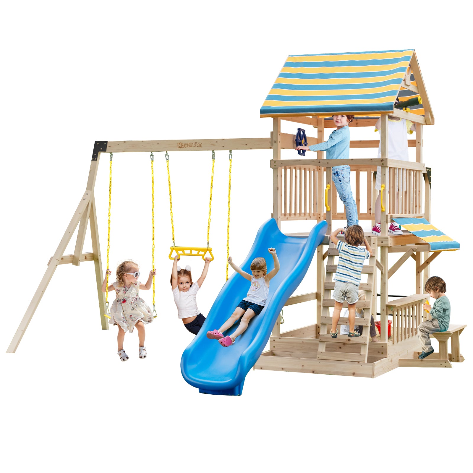 Wooden Swing Set with Large Upper Deck Slide and Steering Wheel, Multicolor Swing & Playsets at Gallery Canada