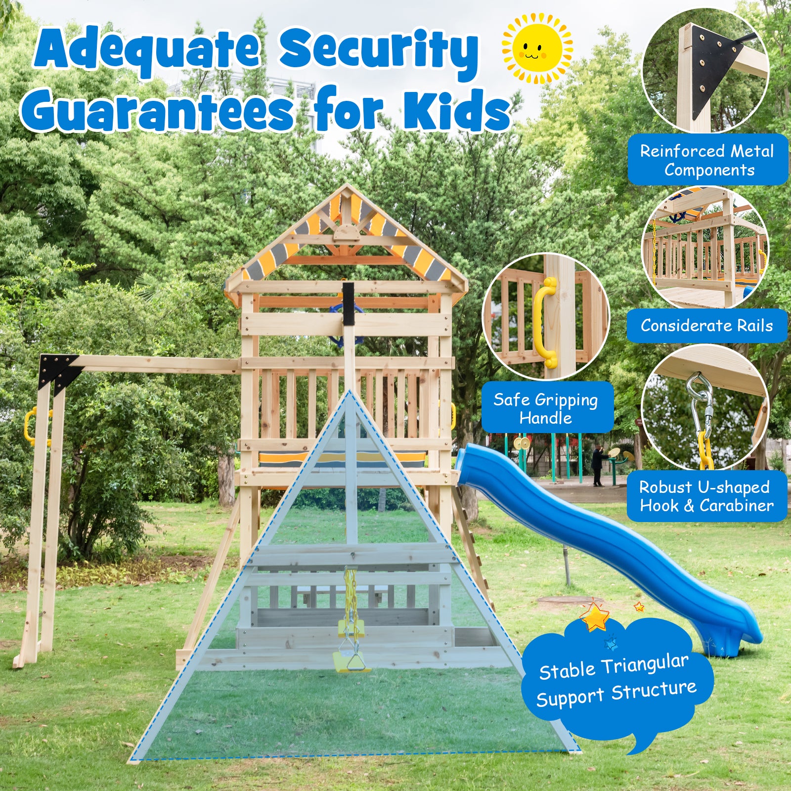 Wooden Swing Set with Large Upper Deck Slide and Steering Wheel, Multicolor Swing & Playsets at Gallery Canada