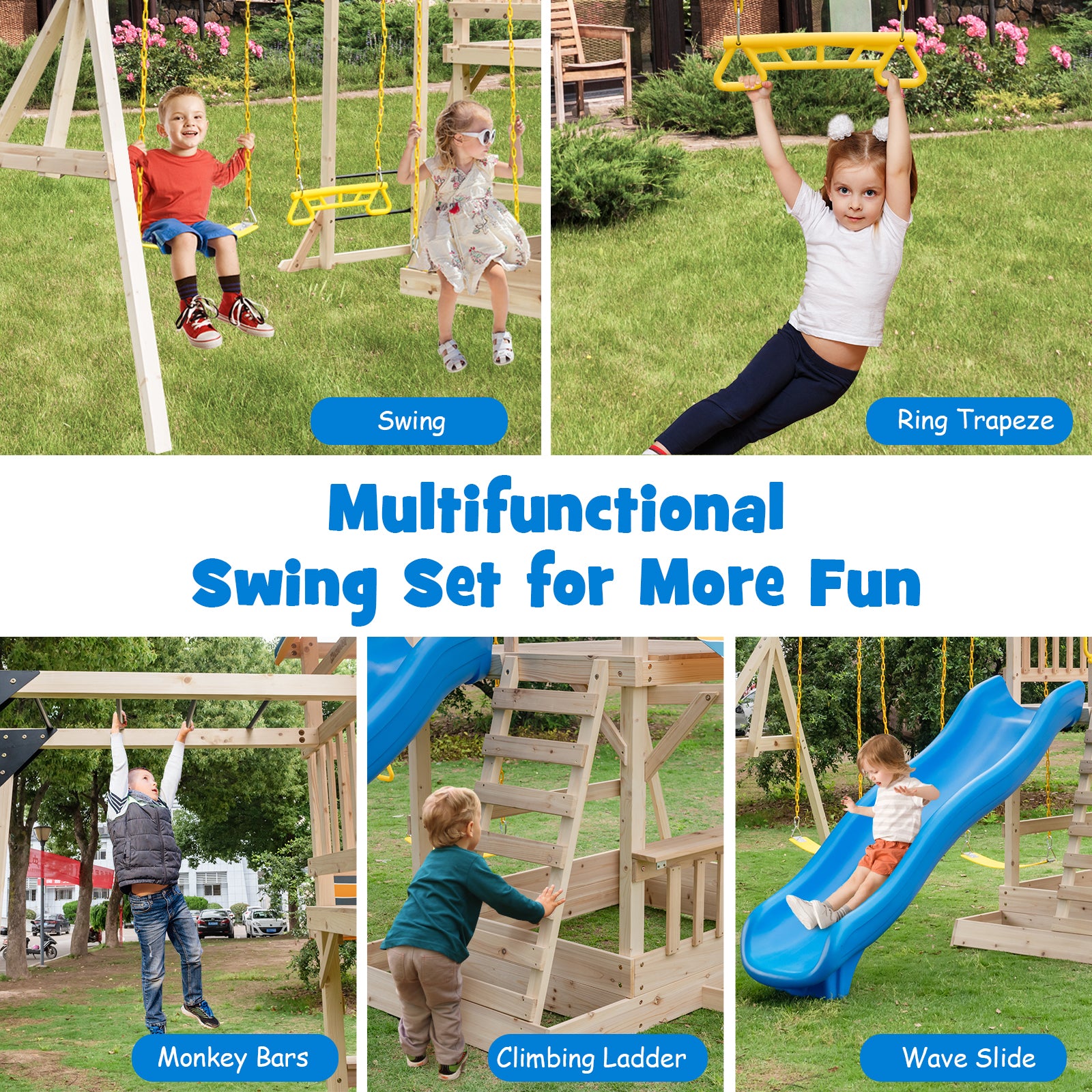 Wooden Swing Set with Large Upper Deck Slide and Steering Wheel, Multicolor Swing & Playsets at Gallery Canada