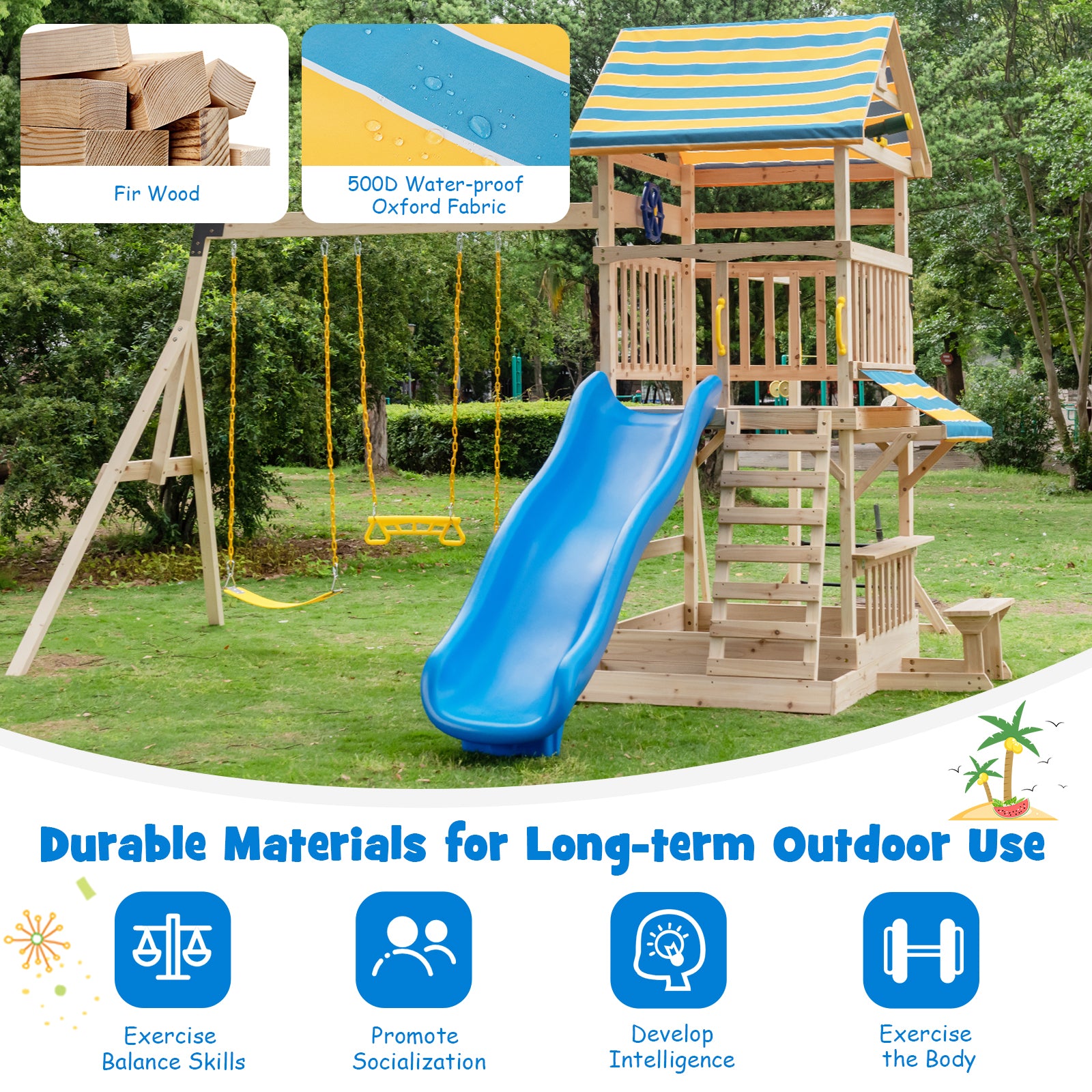 Wooden Swing Set with Large Upper Deck Slide and Steering Wheel, Multicolor Swing & Playsets at Gallery Canada