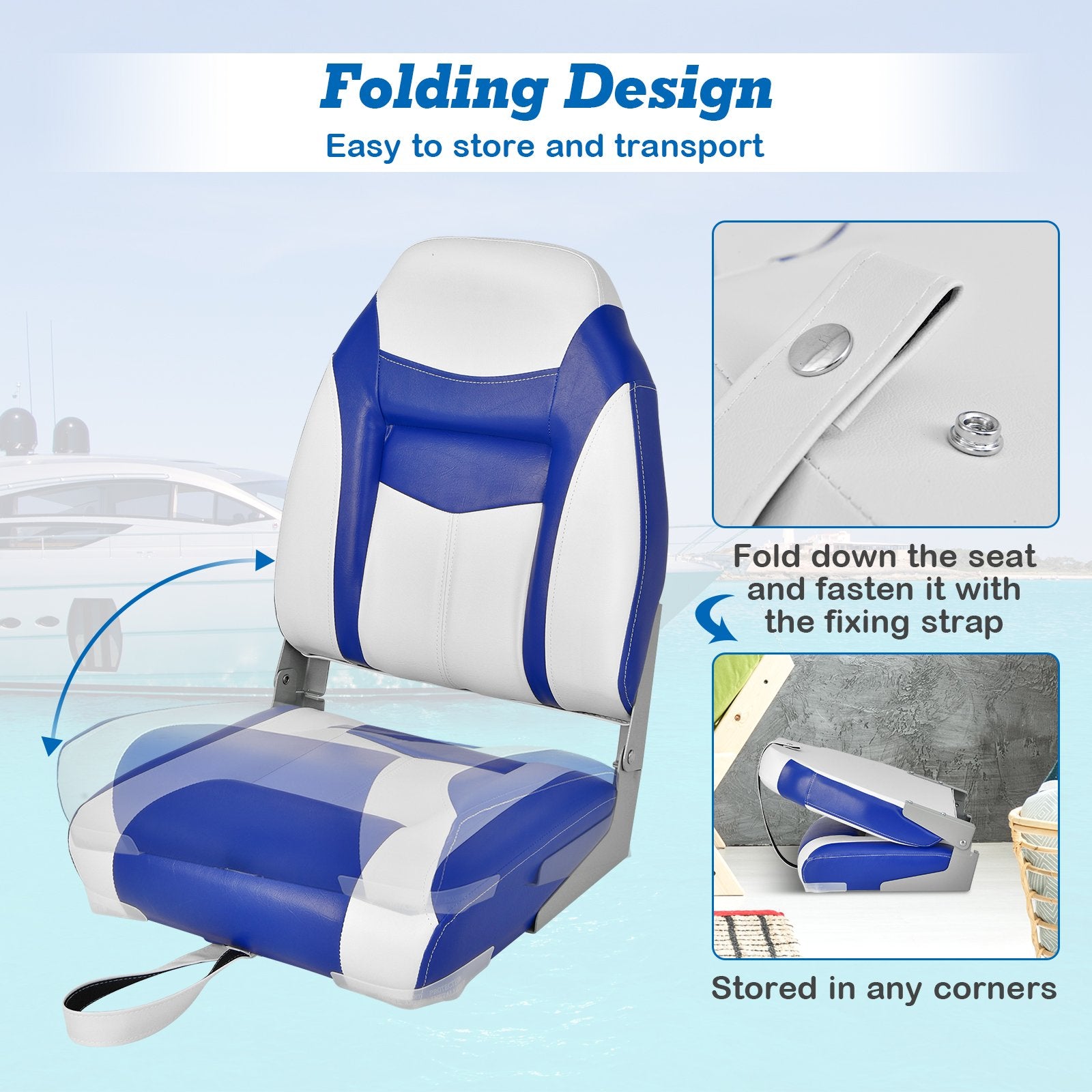 High Back Folding Boat Seats with Blue White Sponge Cushion and Flexible Hinges, Blue Swimming   at Gallery Canada