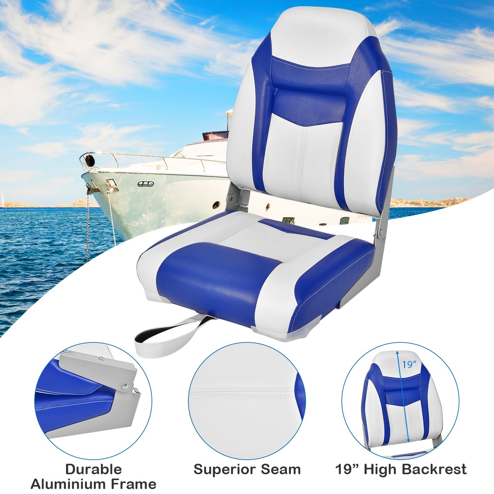 High Back Folding Boat Seats with Blue White Sponge Cushion and Flexible Hinges, Blue Swimming   at Gallery Canada