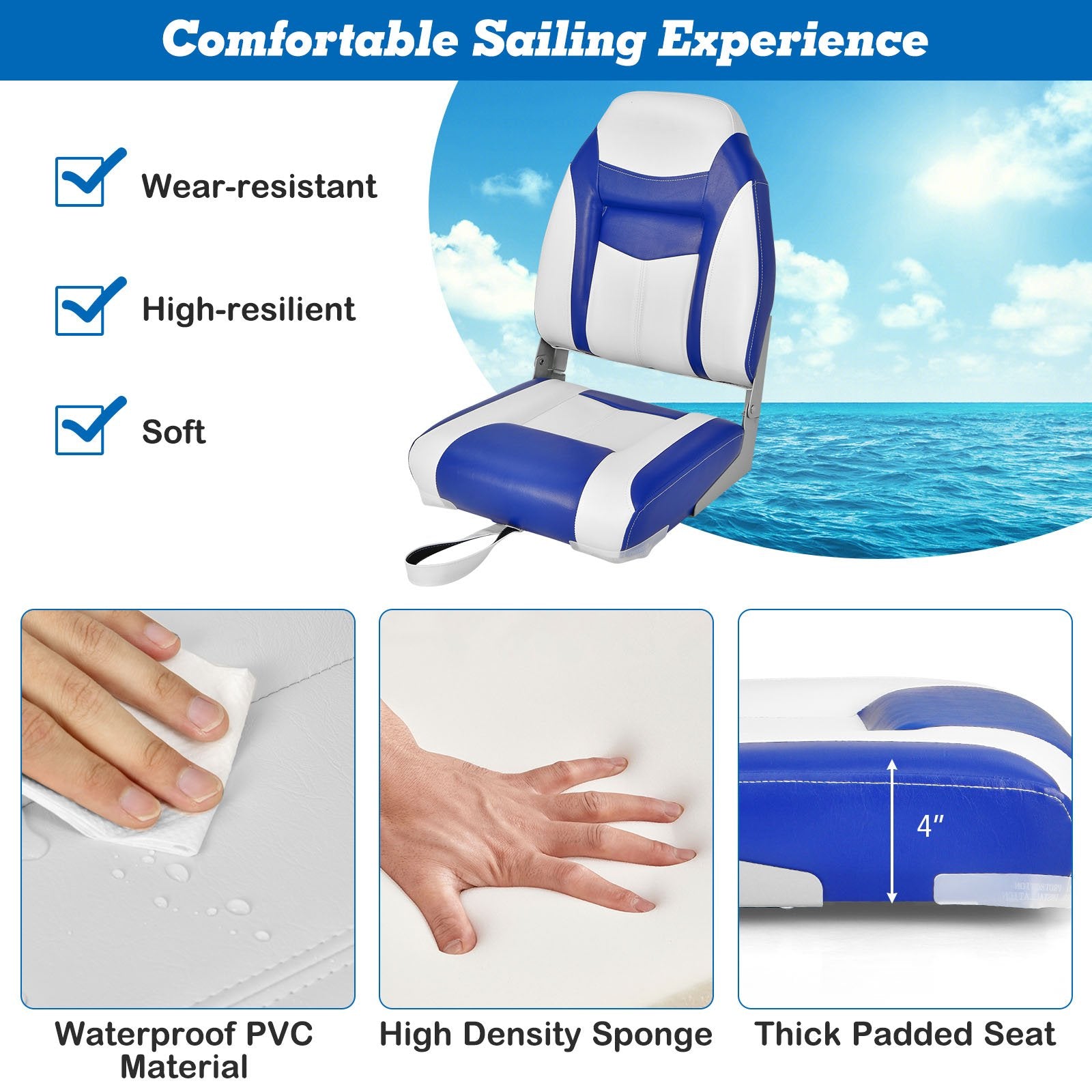 High Back Folding Boat Seats with Blue White Sponge Cushion and Flexible Hinges, Blue Swimming   at Gallery Canada