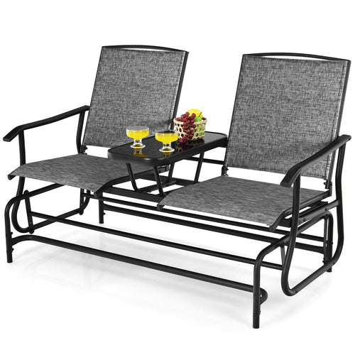 2-Person Double Rocking Loveseat with Mesh Fabric and Center Tempered Glass Table, Gray