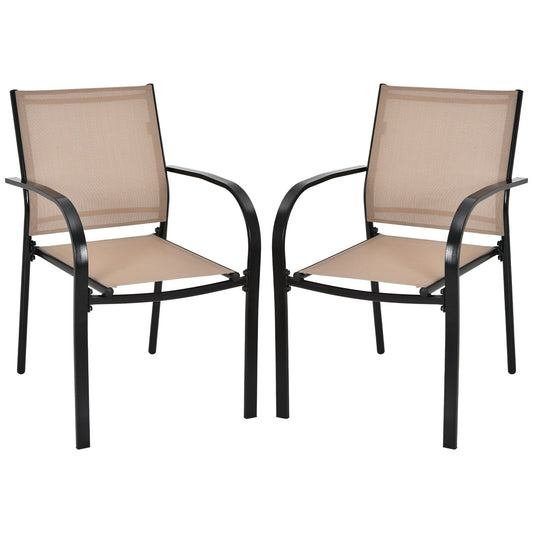 Set of 2 Patio Stackable Dining Chairs with Armrests Garden Deck, Brown Patio Dining Chairs   at Gallery Canada