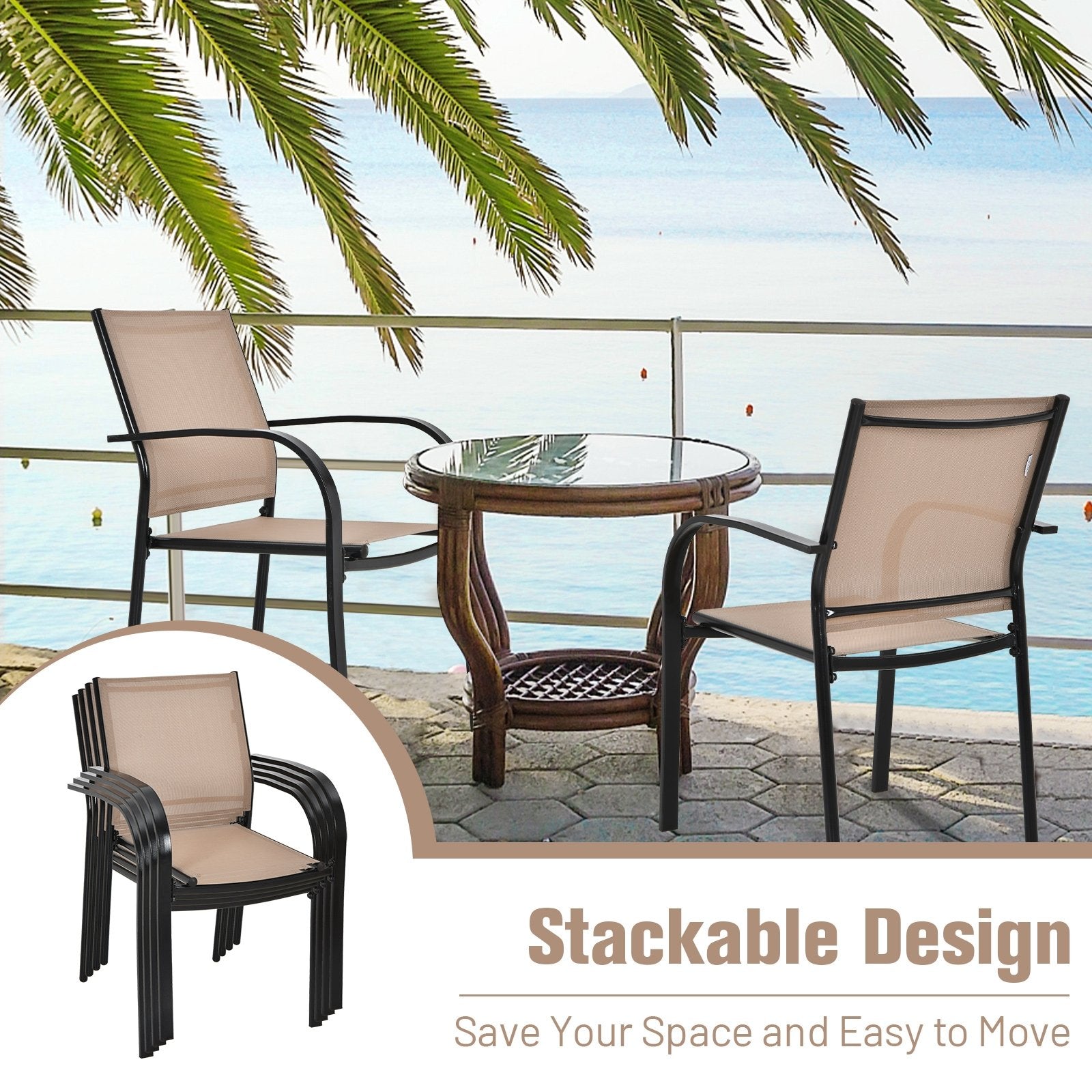 Set of 2 Patio Stackable Dining Chairs with Armrests Garden Deck, Brown Patio Dining Chairs   at Gallery Canada