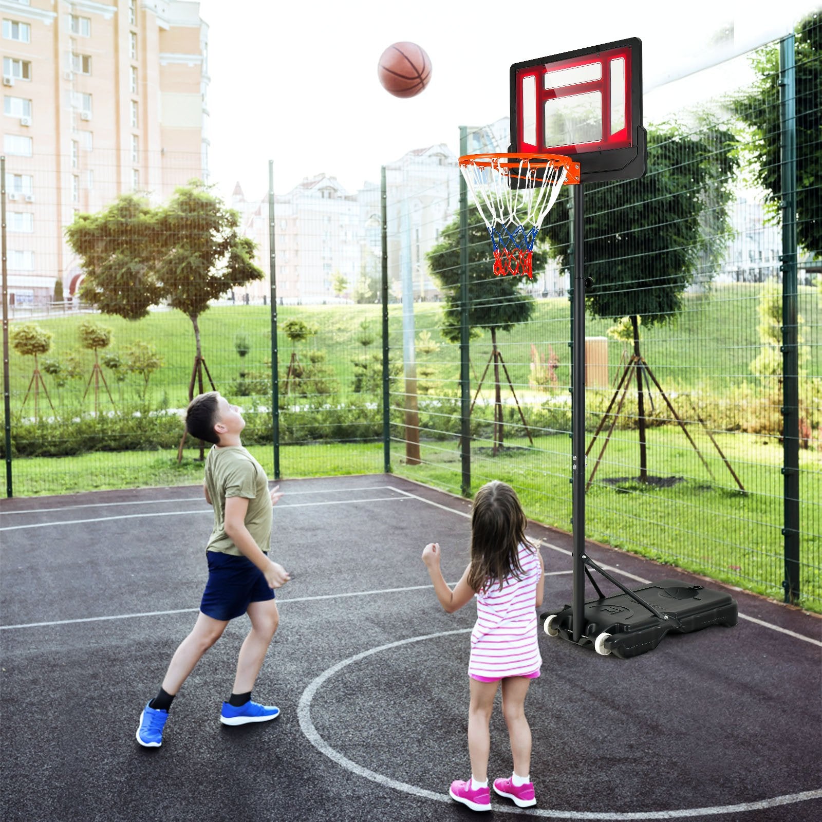 4.3-8.2 FT Portable Basketball Hoop with Adjustable Height and Wheels, Black & Red Sport Equipments   at Gallery Canada