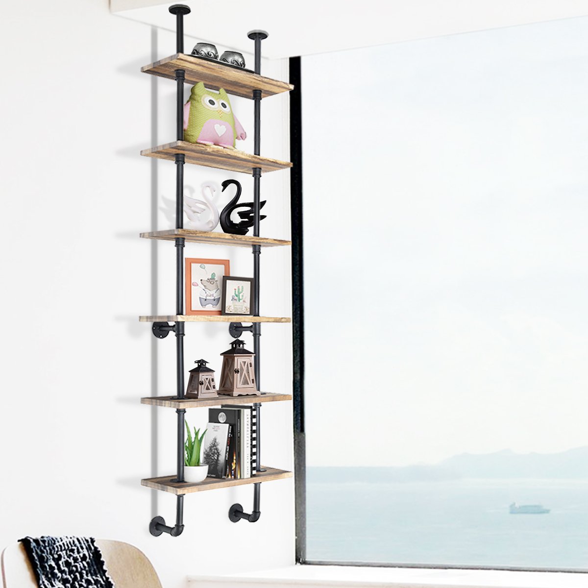 6-Tier Industrial Wall Mounted Pipe Shelves, Coffee - Gallery Canada