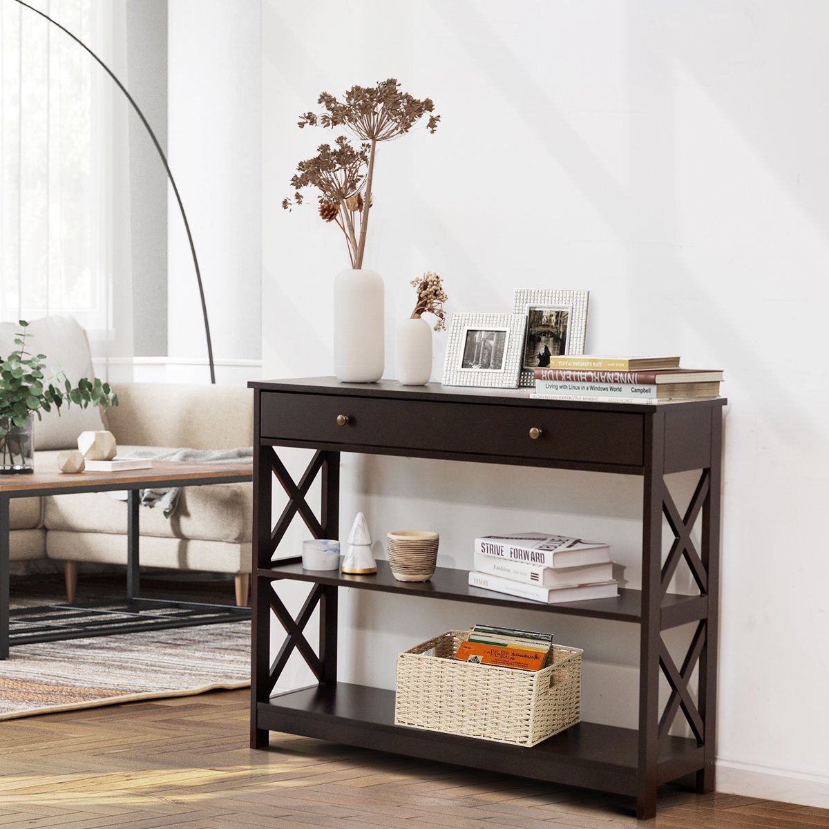 Console Table 3-Tier with Drawer and Storage Shelves, Dark Brown Console Tables   at Gallery Canada