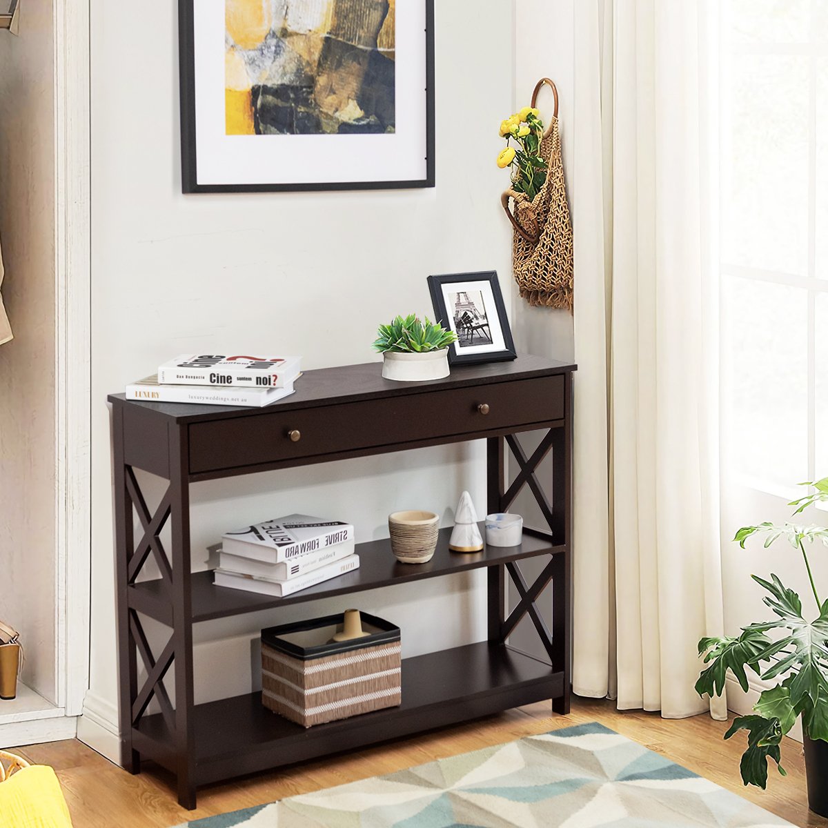 Console Table 3-Tier with Drawer and Storage Shelves, Dark Brown Console Tables   at Gallery Canada